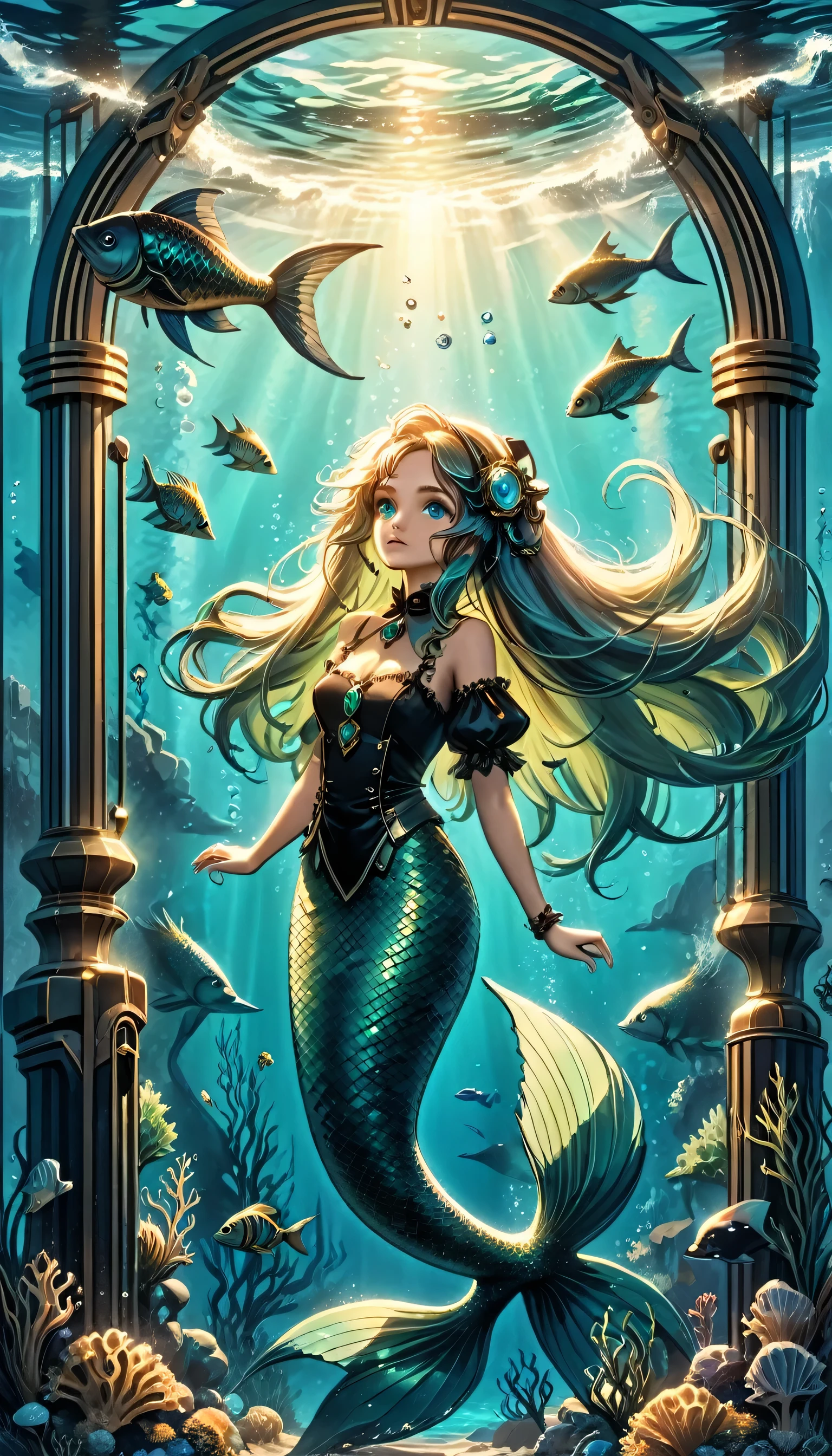 high details, best quality, 16k, ultra detailed, masterpiece, best quality, ((art deco style: 1.5)), full body, ultra wide shot, RAW, photorealistic, fantasy art, dnd art, rpg art, realistic art, an ultra wide picture of a mermaid  in steampunk times, under the sea (intricate details, Masterpiece, best quality: 1.4) , female mermaid, (blue: 1.3) skin, (green: 1,3) hair, long hair, swirling hair, intense eyes, small pointed ears, ((blue eyes)), ((glowing eyes)), wearing (black:1.3) ((maid outfit)), beautiful mermaid, you can see rich underwater life, fish, riff, dynamic fantasy blue beach background ((magical atmosphere)), high details, best quality, highres, ultra wide angle, ggmine, Dark Novel