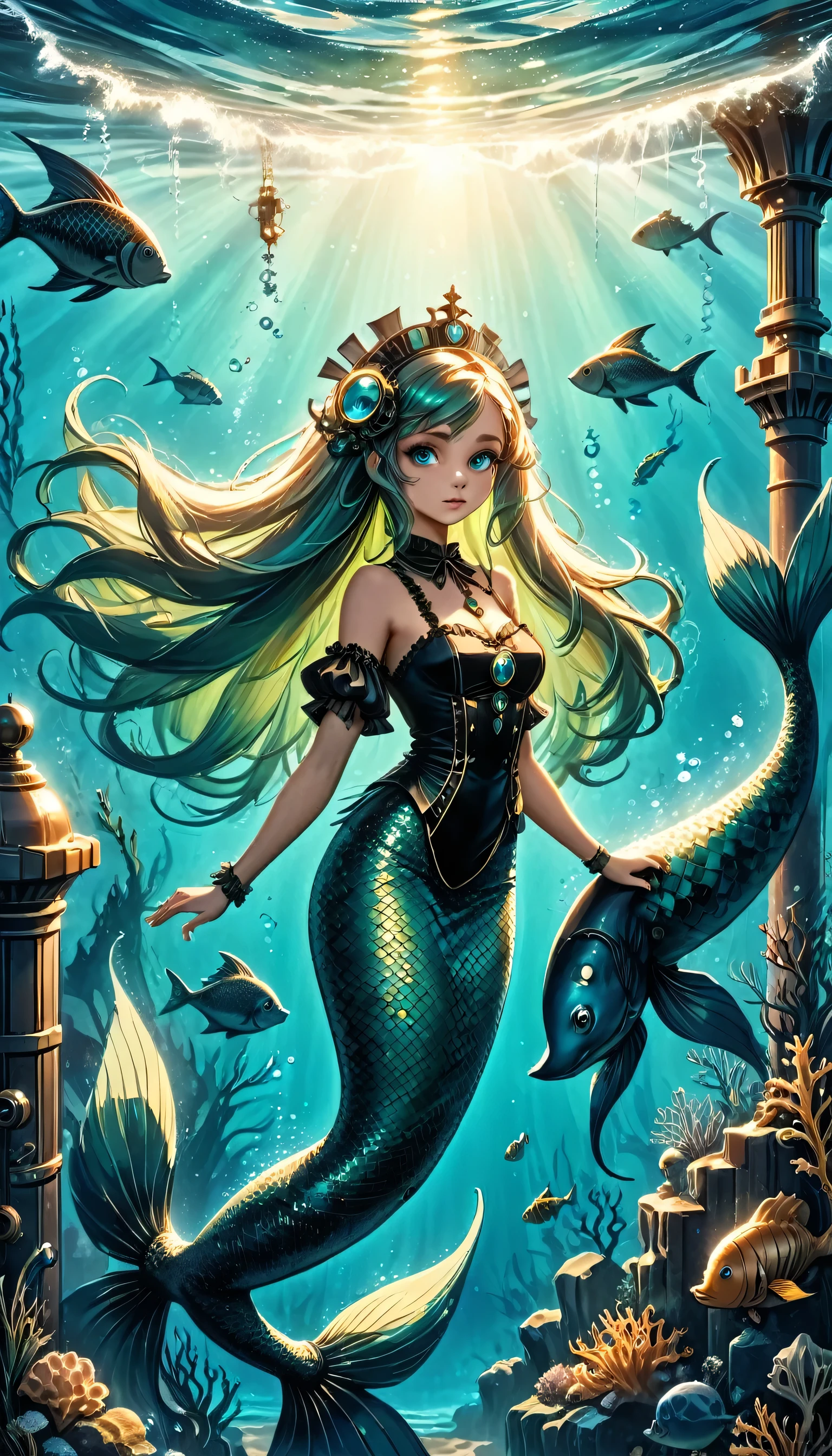 high details, best quality, 16k, ultra detailed, masterpiece, best quality, ((art deco style: 1.5)), full body, ultra wide shot, RAW, photorealistic, fantasy art, dnd art, rpg art, realistic art, an ultra wide picture of a mermaid in steampunk times, under the sea (intricate details, Masterpiece, best quality: 1.4) , female mermaid, (blue: 1.3) skin, (green: 1,3) hair, long hair, swirling hair, intense eyes, small pointed ears, ((blue eyes)), ((glowing eyes)), wearing (black:1.3) ((maid outfit)), beautiful mermaid, you can see rich underwater life, fish, riff, dynamic fantasy blue beach background ((magical atmosphere)), high details, best quality, highres, ultra wide angle, ggmine, Dark Novel