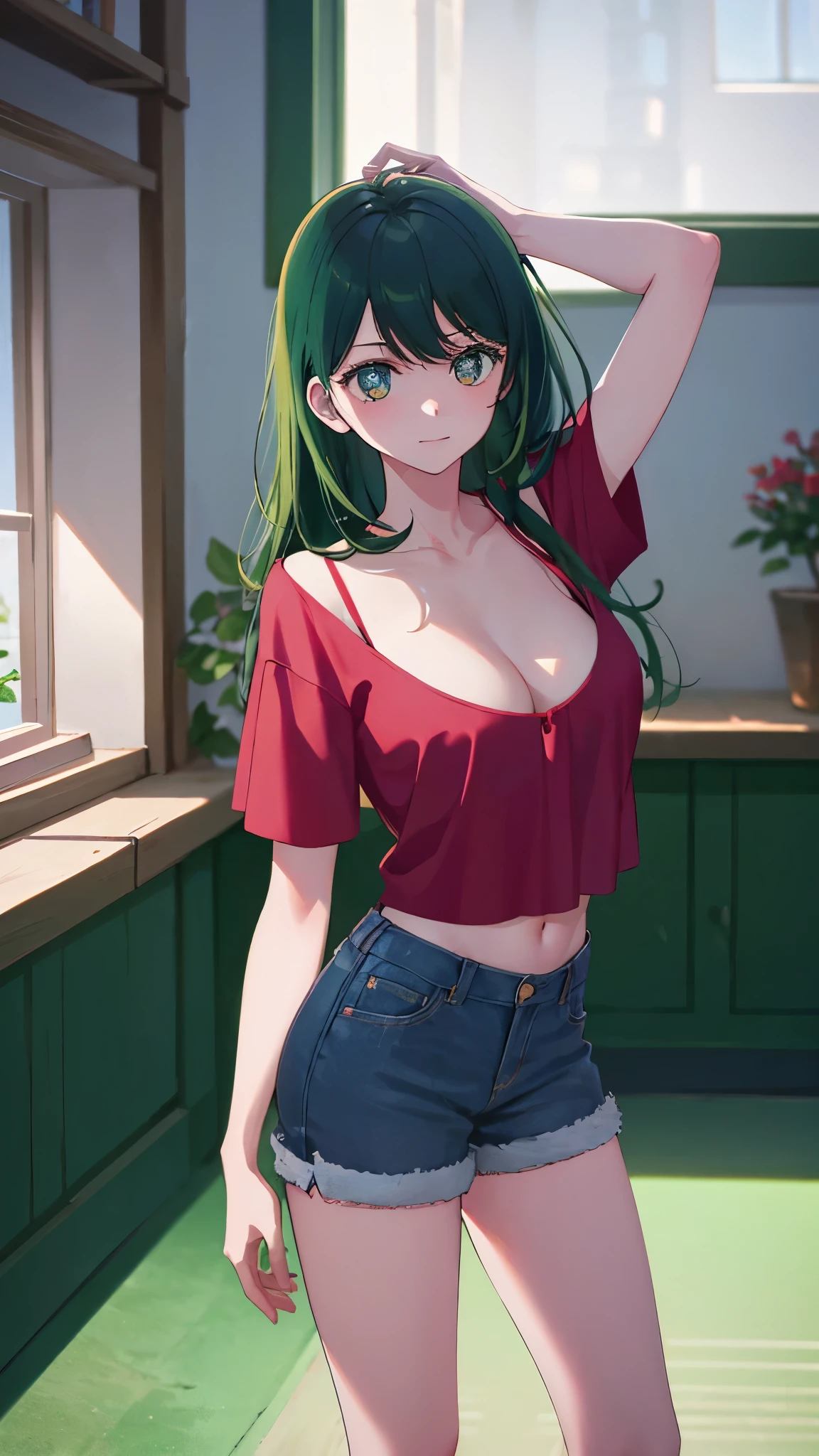 (masterpiece:1.2, Top quality),, Nice illustration, (Natural side light, light), 
Looking at the audience, 1 girl, Green Hair，Cleavage，Low-cut，Red Shirt，Denim shorts