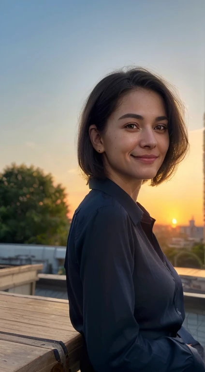 Top quality,8K picture quality,masterpiece:1.3),(Ultra-high resolution,Realism:1.4,original photography),(Ultra Detailed,Caustic lines,Detailed background),(Ultra-realistic capture,Beautifully detailed skin,perfect anatomy),at sunset,sunset sky,Desk,35 years old,Mature,Single eyelid,Black short bob,dark blue shirt,Looking at the camera,a smile,Natural soft lighting