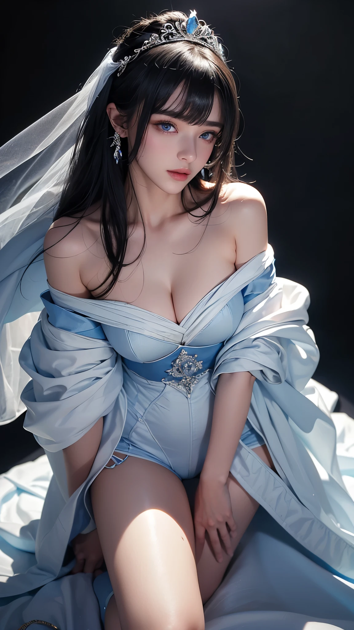 masterpiece, highest quality, Super detailed, Facing the camera, 複雑に詳細なSuper detailed, Realistic, Sharp features, Very detailed, Sharp focus, Perfect Face, Perfect Face, Perfect symmetrical perfect eyes, Perfect Plump Lips, Flexible female form, Cinematic, Film Light, Super detailed, hyper Realistic, masterpiece, Atmospheric, High resolution, Vibrant, Dynamic Studio Lighting, ((Dark Background)), The expression when enduring pleasure, Straight bangs, blue eyes,Cowboy Shot,Sexually aroused expression、A white off-the-shoulder wedding dress with a wide open back and a little bit of her buttocks showing、Her black thong shorts are visible through the fabric、tiara、(((Lean forward with your legs apart))),((Buckshot))