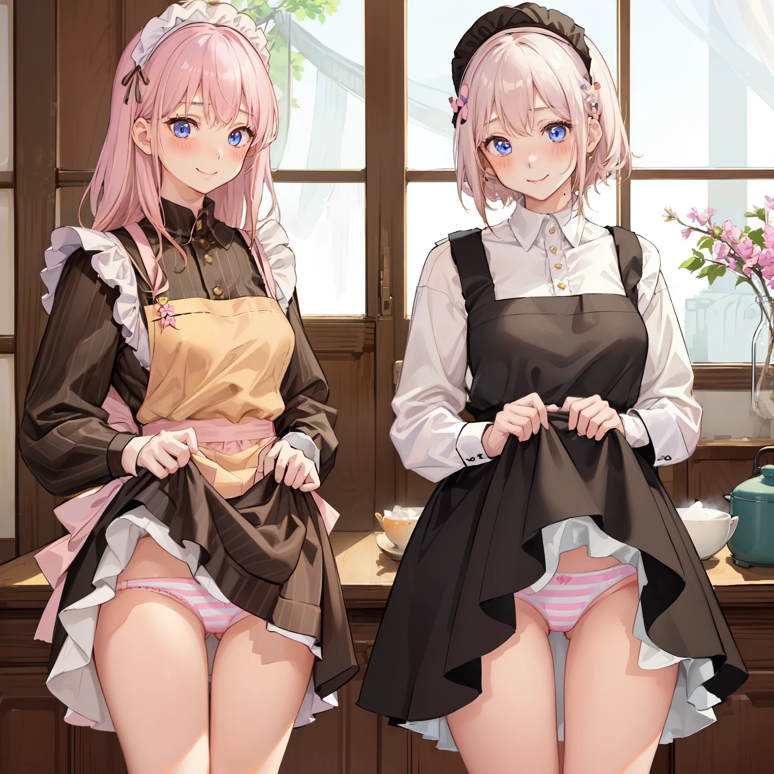 highest quality、masterpiece、((2 girls:1.5))、((smile:1.3))、(blush:1.3)、Black Shirt、blouse、((fun!!))、(Small breasts)、()、Blonde、(Long sleeve)、((White apron:1.5))、((Maid))、((hair ornaments)),、Kamimei、look at me、 ((in house:1.5))、 Taking a break from watching the audience、Cowboy Shot、(Skirt lift:1.3),(Highly detailed pink striped panties:1.3)、(Highly detailed panties:1.3)、、(スカート that rolls up:1.3)、(Panties fully exposed:1.5)、Light blue eyes、long hair、Glowing Eyes