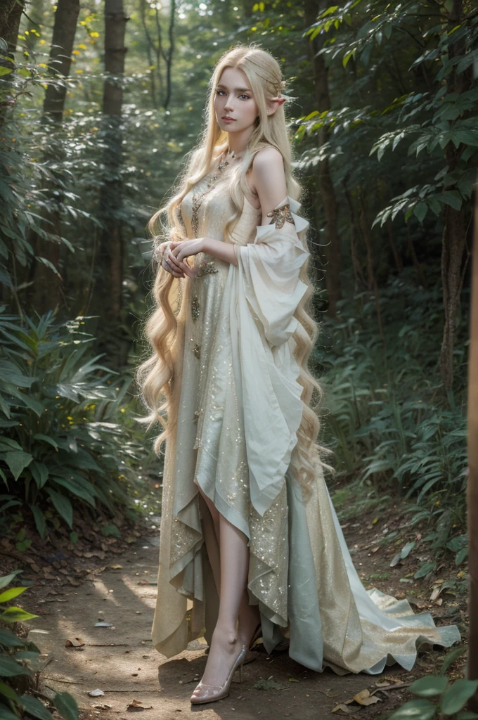 best quality, 8k, highly detailed face and skin texture, high resolution, blond long hair woman elf in gorgeous dress at the forest, full body, sharp focus