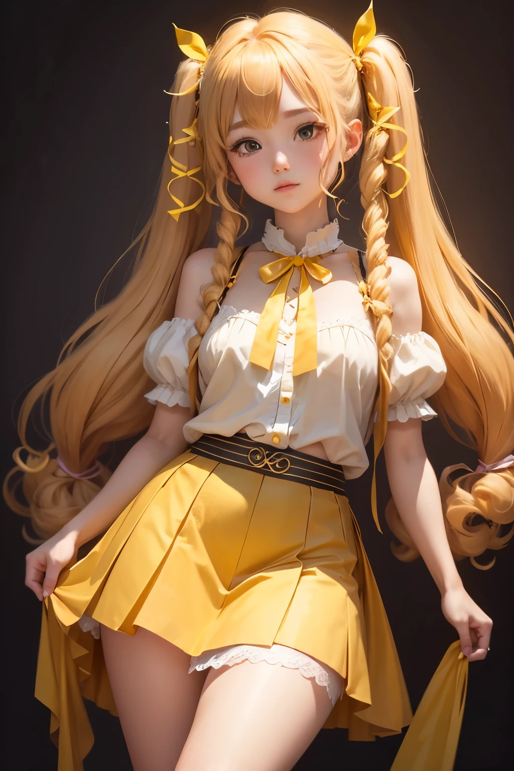 Golden Hair、cute 、Full nudity、A hairy crotch is visible through a skirt、Curly hair twin tails hairstyle、Yellow ribbon hair accessory、