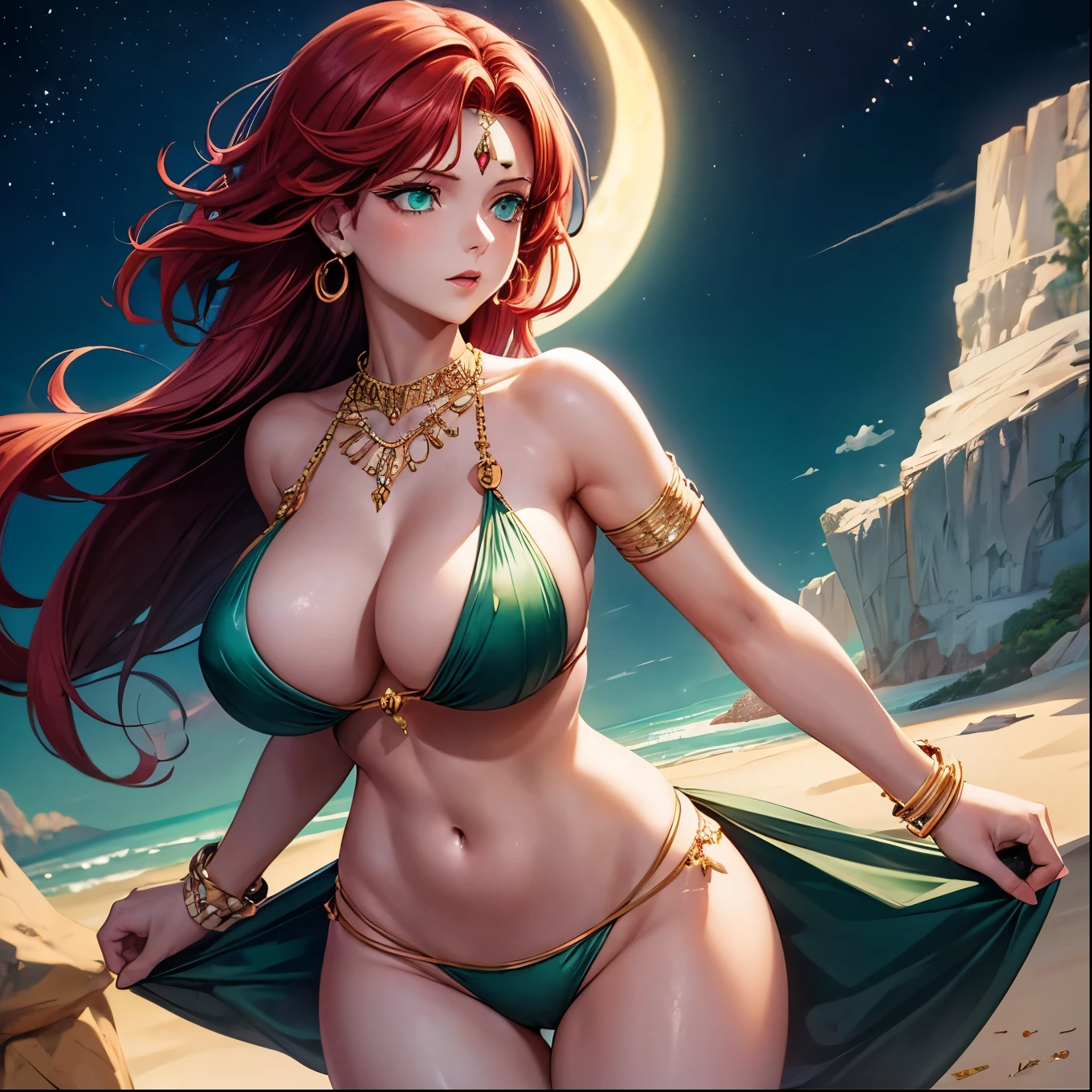 Goddess, night sky backdrop, green eyes, red hair, large breasts, curvy hips, slender frame, diamond studded bikini, necklace, earrings, armless, anklets, floating, view from behind