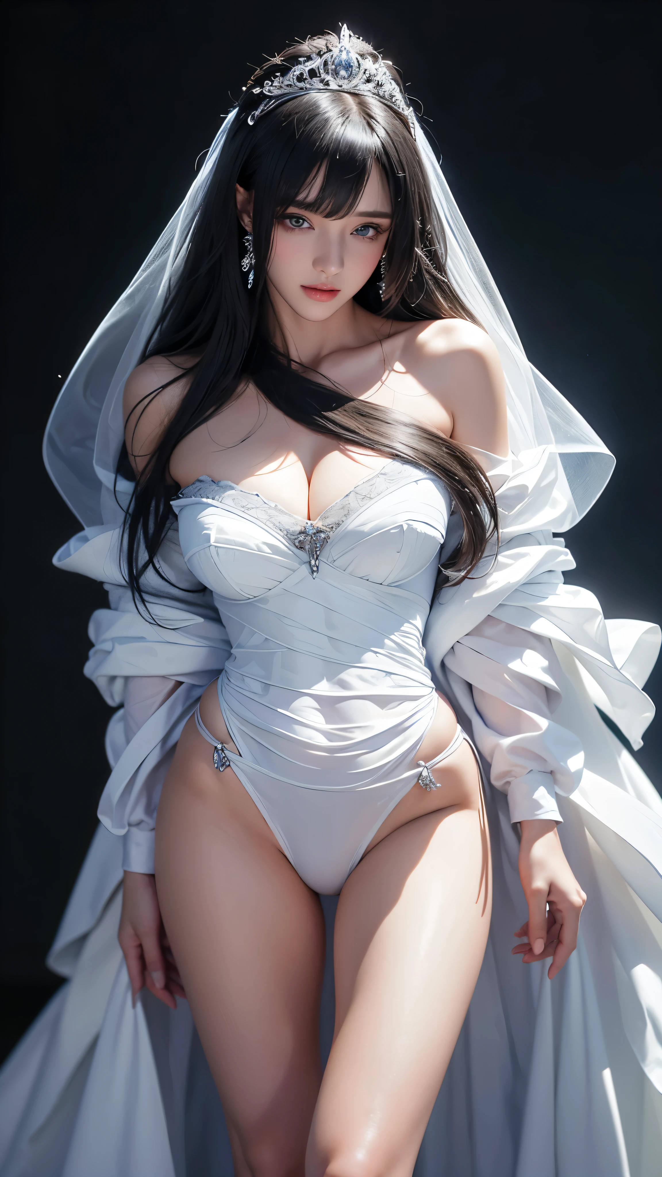 masterpiece, highest quality, Super detailed, Facing the camera, Super detailed, Realistic, Sharp features, Very detailed, Sharp focus, Perfect Face, Perfect Face, Perfect symmetrical perfect eyes, Perfect Plump Lips, Flexible female form, Cinematic, Film Light, Super detailed, hyper Realistic, masterpiece, Atmospheric, High resolution, Vibrant, Dynamic Studio Lighting, ((Dark Background)), The expression when enduring pleasure, Straight bangs, blue eyes,Cowboy Shot,Sexually aroused expression、A white off-the-shoulder wedding dress with a wide open back and a little bit of her buttocks showing、Her black thong shorts are visible through the fabric、tiara、(((Lean forward with your legs apart))),((Buckshot))