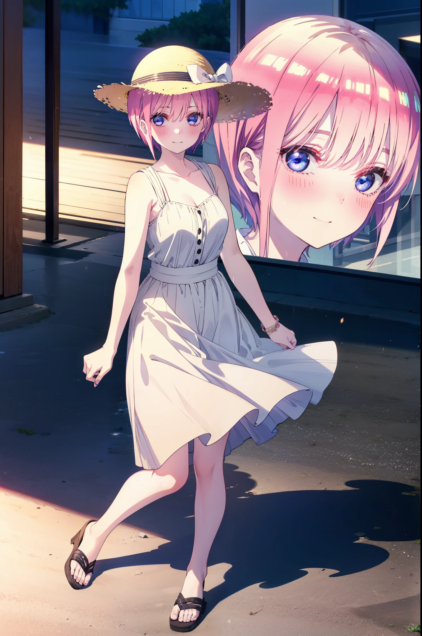 ichikanakano, ichika nakano, short hair, bangs, blue eyes, Hair between the eyes, Pink Hair, Large white straw hat,smile,Sleeveless white dress,Bare arms,White long skirt,Cute heeled sandals,whole bodyがイラストに入るように,Looking down from above,walk,moonlight,night,ロマンチックなnight景,
break outdoors, city,海岸通り
break looking at viewer, whole body,
break (masterpiece:1.2), highest quality, High resolution, unity 8k wallpaper, (shape:0.8), (Beautiful details:1.6), Highly detailed face, Perfect lighting, Highly detailed CG, (Perfect hands, Perfect Anatomy),