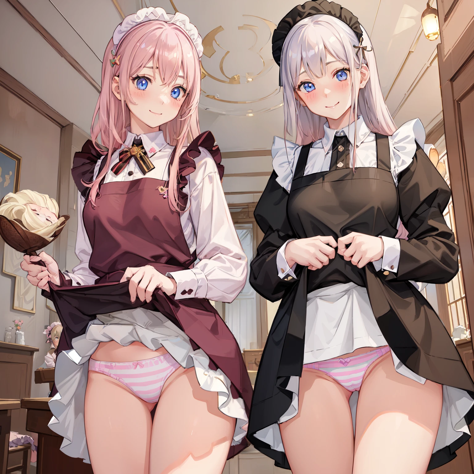 highest quality、masterpiece、((2 girls:1.5))、((smile:1.3))、(blush:1.3)、Black Shirt、blouse、((fun!!))、(Small breasts)、()、Blonde、(Long sleeve)、((White apron:1.5))、((Maid))、((hair ornaments)),、Kamimei、look at me、 ((in house:1.5))、 Taking a break from watching the audience、Cowboy Shot、(Skirt lift:1.3),(Highly detailed pink striped panties:1.3)、(Highly detailed panties:1.3)、、(スカート that rolls up:1.3)、(Panties fully exposed:1.5)、Light blue eyes、long hair、Glowing Eyes