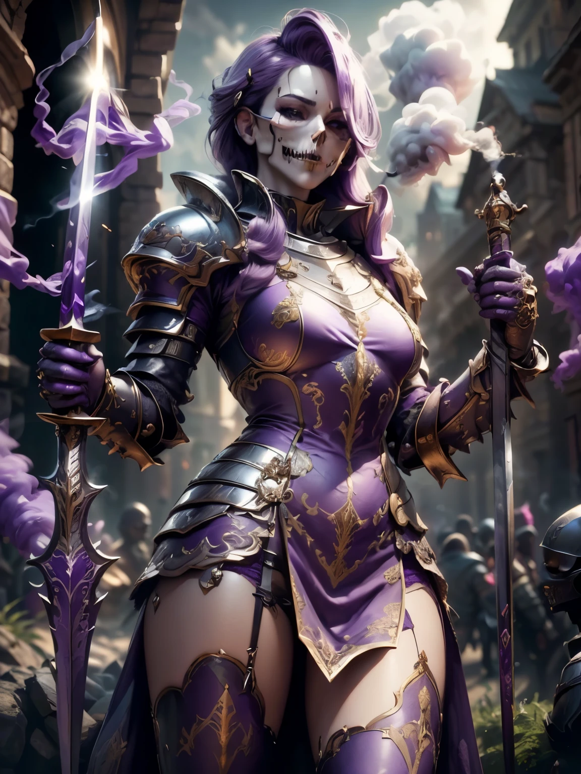(Masterpiece, Superb Detail, Super Detailed, High Resolution), Male Focus, (((Female Armor))), (((Armor Purple Dress Set))), (((Skull Mask))), (She Has Long Purple Hair, Medium Breasts, Slim, perfect body, beautiful face), look at viewer, (((purple panty))), (((holding smoke sword))), City Ruins, Background Details, Solo