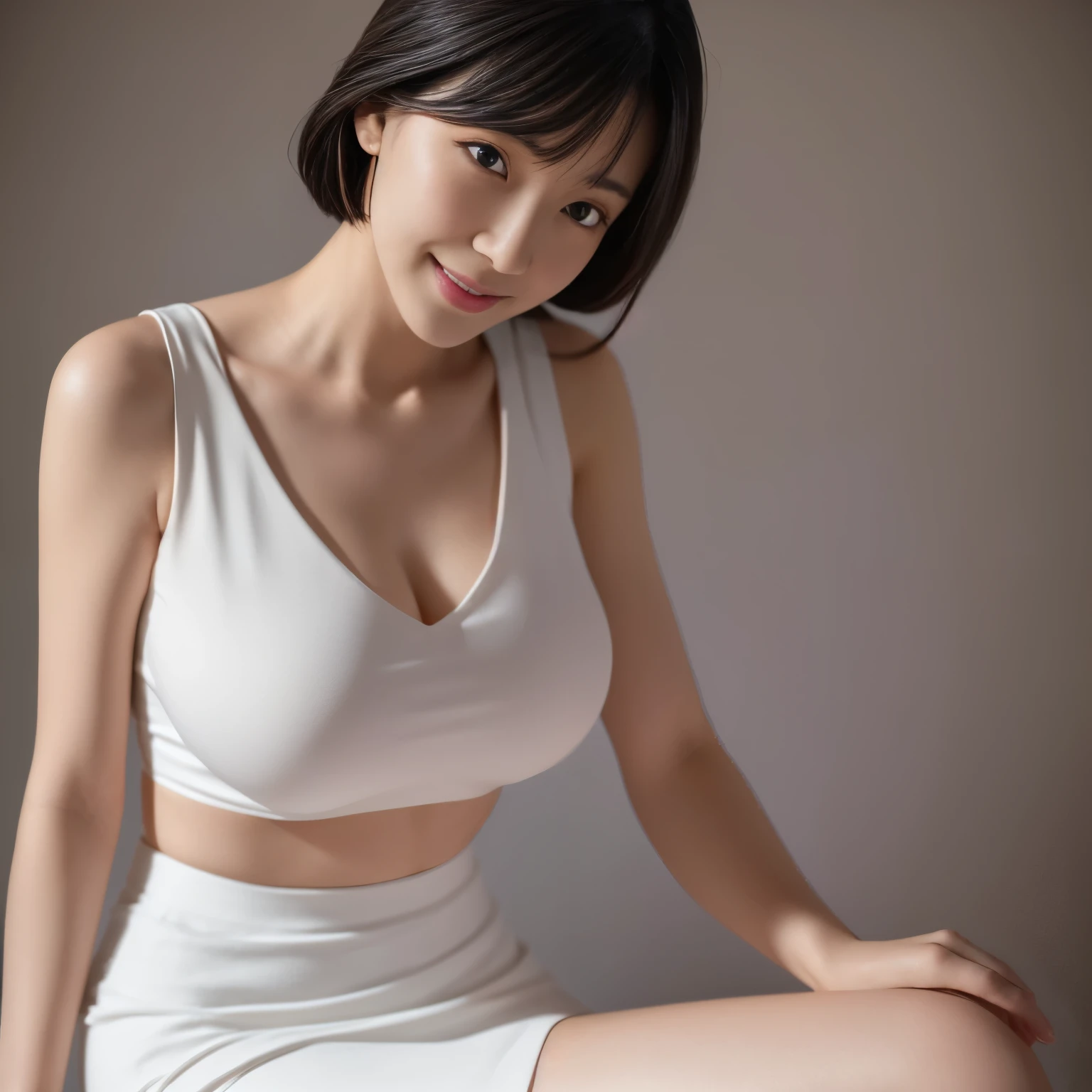 masterpiece, highest quality, High resolution, Photorealistic, RAW Photos, 8k wallpaper, perfection, Professional Lighting, Very detailed, Written boundary depth、 (1 45 year old Japanese mature woman:1.2)、(Accurate anatomy:1.1)、(Soft and plump body), Sexy Woman, Detailed face, Beautiful Eyes, bangs, Soft and plump breasts, (Classy and elegant plain white sleeveless top:1.1)、(An elegant and ladylike navy plain tight skirt:1.2)、perfectionなメイク、Long eyelashes、Dark lipstick、Straight Very Short Hair, Plump and beautiful lips, ((Looking at the audience, smile))、Upper body photo、(Moody luxury hotel bedroom:1.1)、Romantic and warm lighting at night