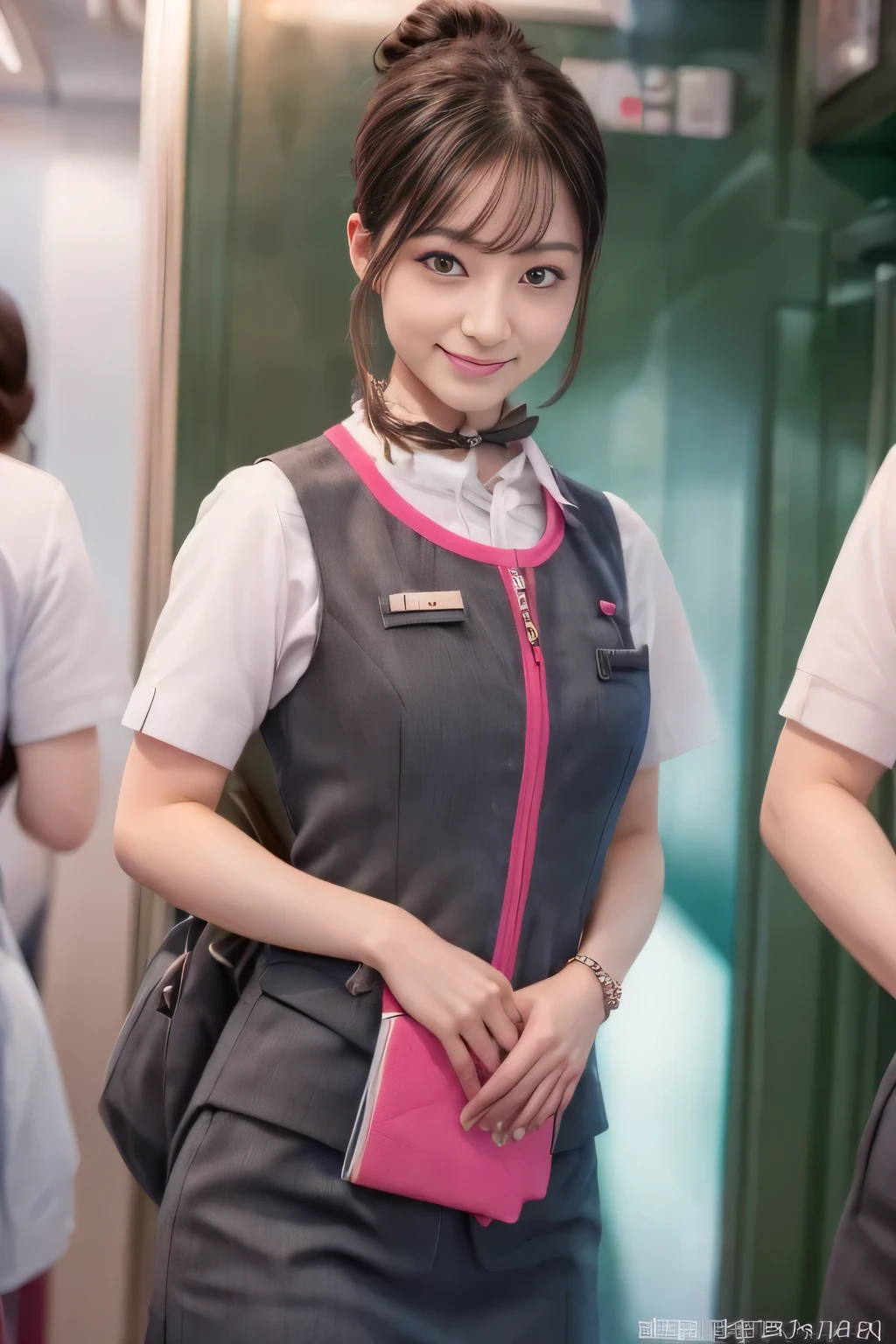 (masterpiece:1.2, highest quality:1.2), 32K HDR, High resolution, (alone、1 girl)、(On board the Shinkansen、Professional Lighting)、Background in the car、(Realistic style wearing JR GranClass attendant uniform)、Blouse with short sleeves、Scarf around the neck、(JR GranClass attendant uniform with pink parts on the sleeves of the skirt)、(JR GranClass attendant uniform with pink line on front zipper of vest)、Dark brown hair、(Hair tied up、Bun Hair、Chignon)、Dark brown hair、Long Shot、Big Breasts、((Fine hand:2.0)),((Harmonious body proportions:1.5)),((Normal limbs:2.0)),((Normal finger:2.0)),((Delicate eyes:2.0)),((Normal eyes:2.0)))、Luxury Necklace、smile、Beautiful standing posture,Place your hands around your stomach
