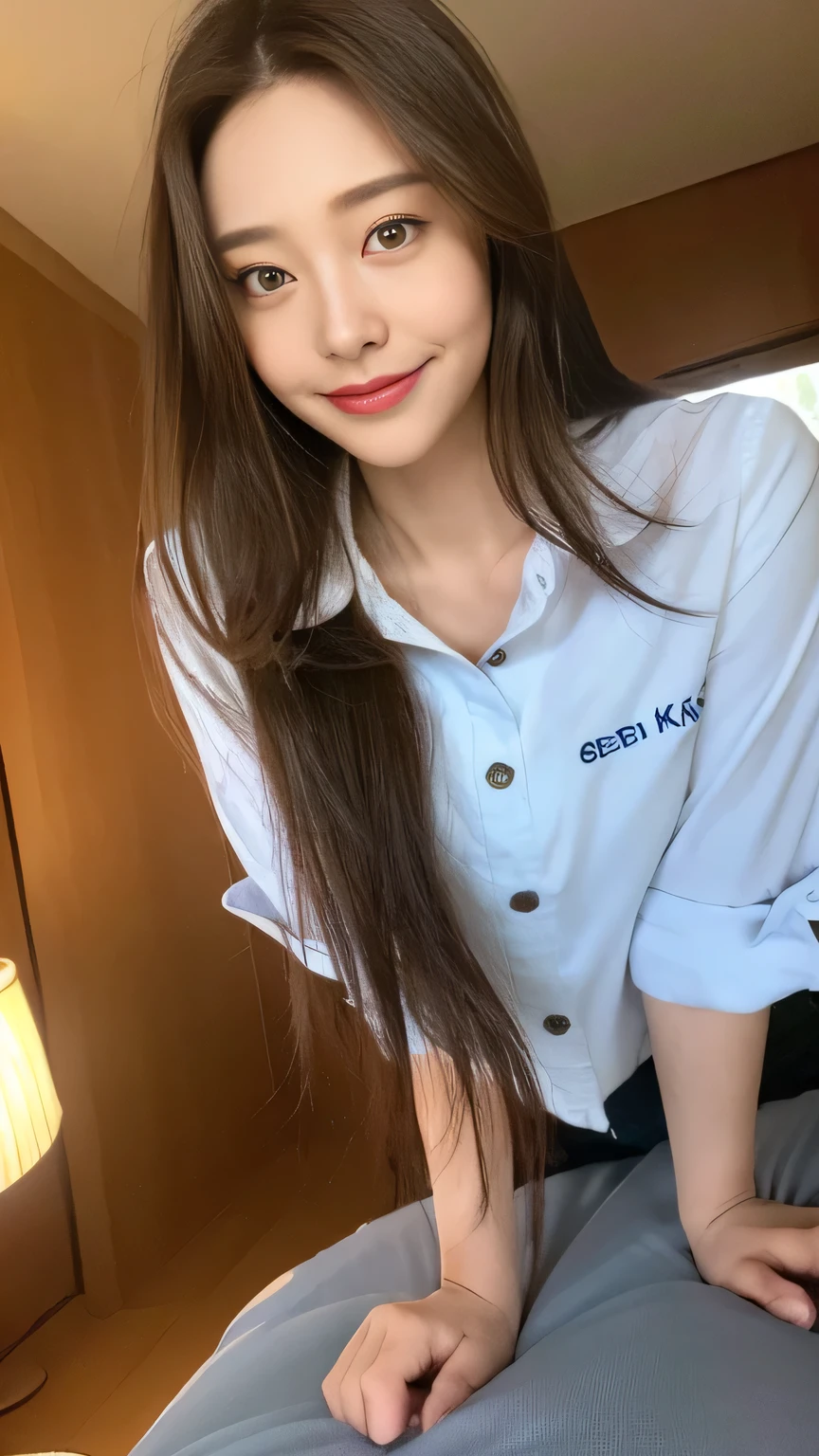 seed:2020674263.((Full body angle:1.1)).((highest quality, 8K, masterpiece:1.3)), ((from below:1.1)).concentrated:1.2, Perfect body beauty:1.4, Hips:1.2, ((Delicate Hair)), (Colorful button-through crop shirt :1.1) , ((highest quality、8K、masterpiece:1.3))、1 Girl、A sloppy smile、Esbian all over、Slim face、Big 、Beautiful woman、(Dark Brown Hair)、Long Hair、1.1、Flickering Valley、Detailed eyes、double eyelid、Blurred Background、超Slim face、Smile、Looking down、stroll、