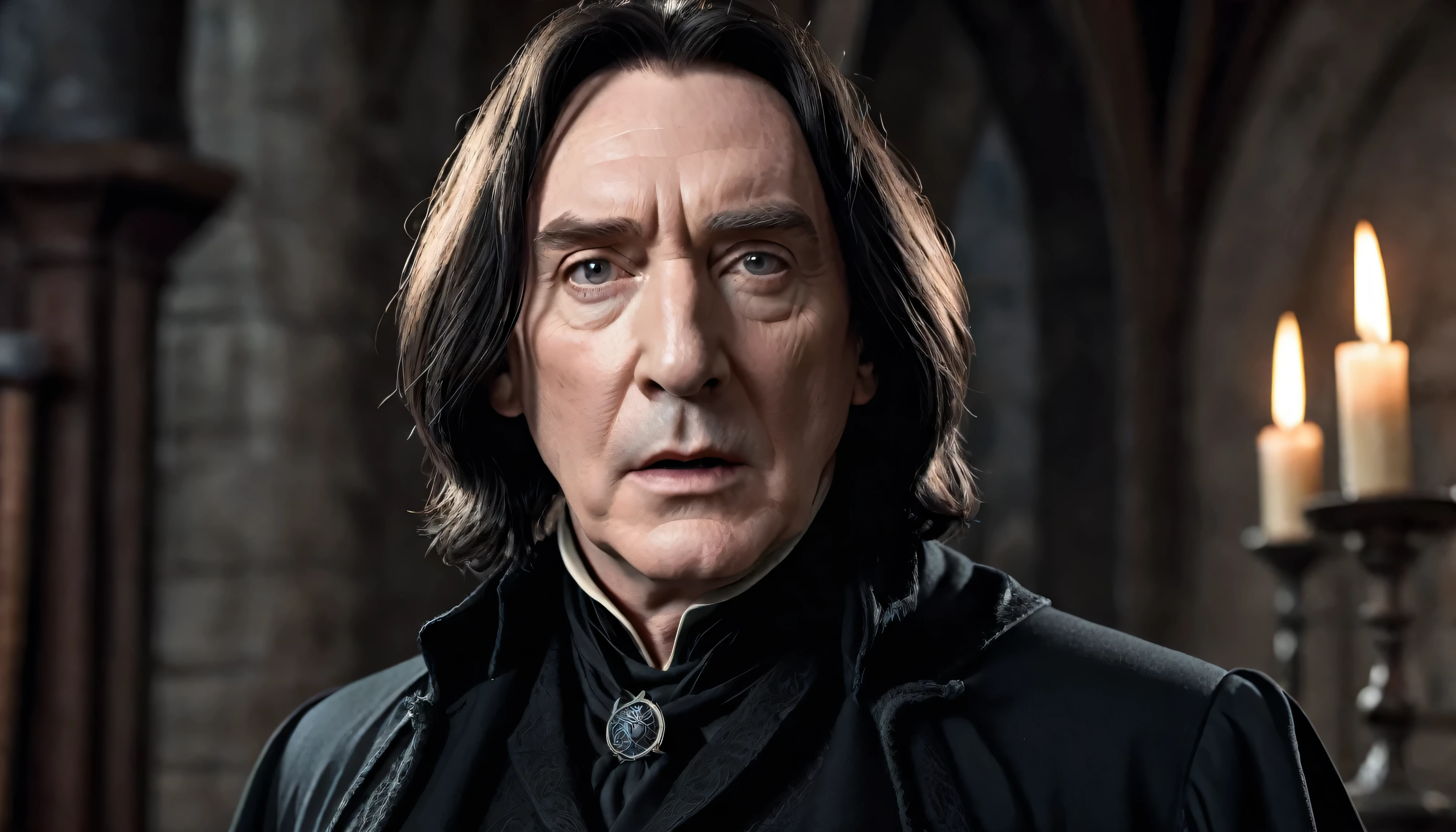 Very Handsome Professor Severus Snape with a really big chiseled jawline is looking straight with a very shocked look, inside his magic academy, Ultra realistic, He is wearing a very fashionable Dark clothes, he is posing for a photoshoot