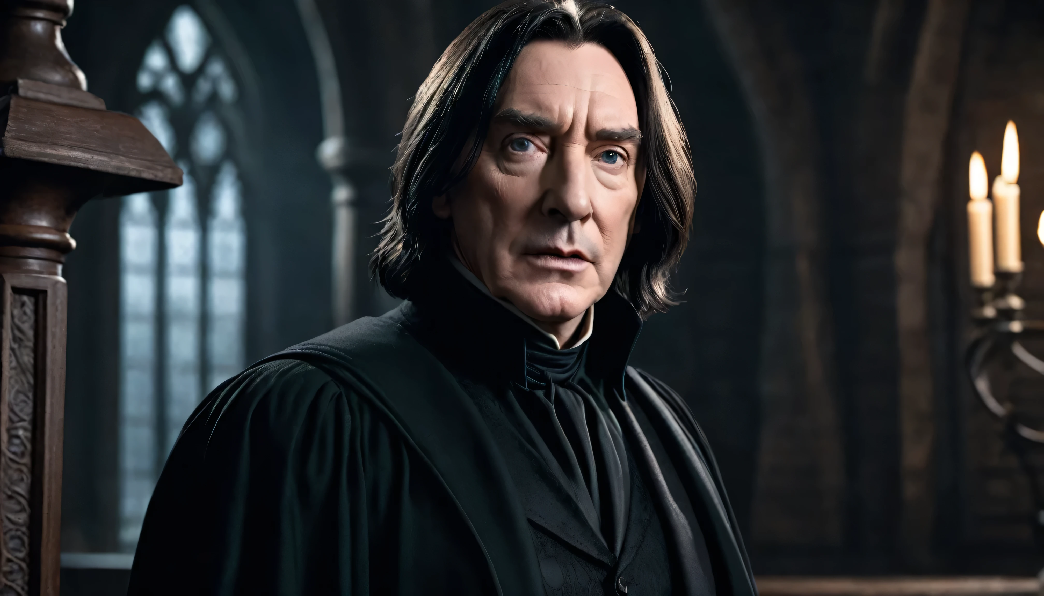 Very Handsome Professor Severus Snape with a really big chiseled jawline is looking straight with a very shocked look, inside his magic academy, Ultra realistic, He is wearing a very fashionable Dark clothes, he is posing for a photoshoot