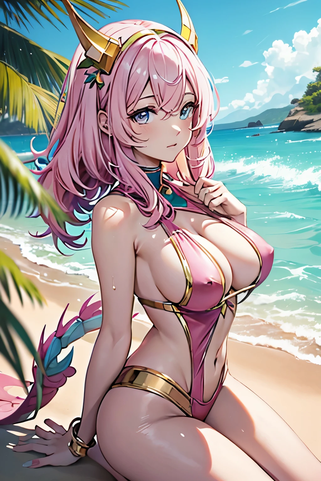 Sakura dragon woman, pastel pink, vikini with golden edges,big , medium but, golden dragon horns, full body, in the beach, wet body, anime style