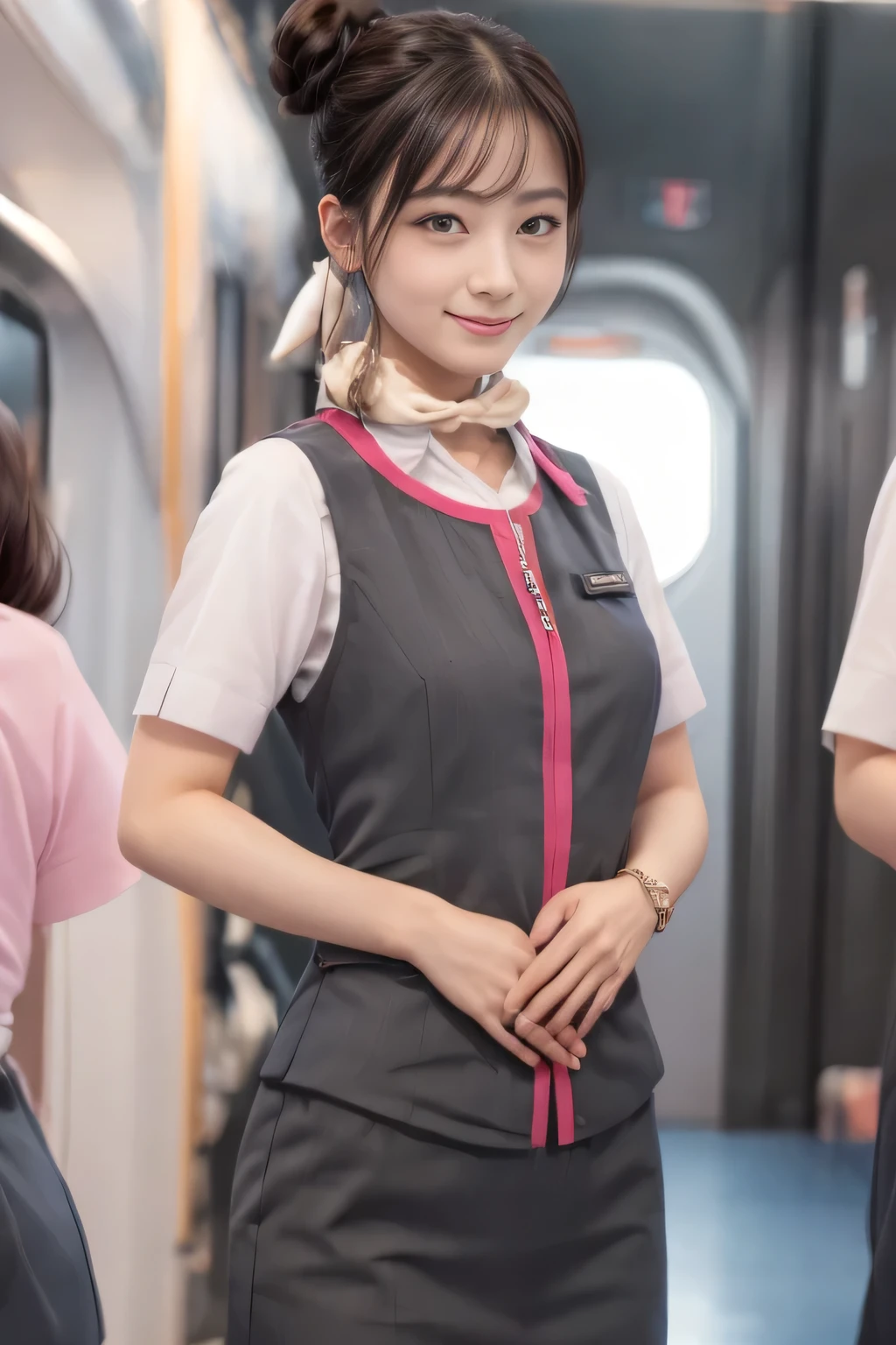 (masterpiece:1.2, highest quality:1.2), 32K HDR, High resolution, (alone、1 girl)、(At the station platform、Professional Lighting)、Station Background、(Realistic style of JR Gran Class crew wearing uniform)、Short sleeve blouse、a scarf around the neck、(JR Gran Class flight attendant uniform with pink parts on the skirt sleeves)、(JR Gran Class flight attendant uniform with pink stripes on the vest)、Dark brown hair、(Hair tied up、Hair Bun、Hair Bun)、Dark brown hair、Long Shot、Big Breasts、((Great hands:2.0)),((Harmonious body proportions:1.5)),((Normal limbs:2.0)),((Normal finger:2.0)),((Delicate eyes:2.0)),((Normal eyes:2.0)))、Luxury Necklace、smile、Beautiful standing posture,Place your hands around your stomach