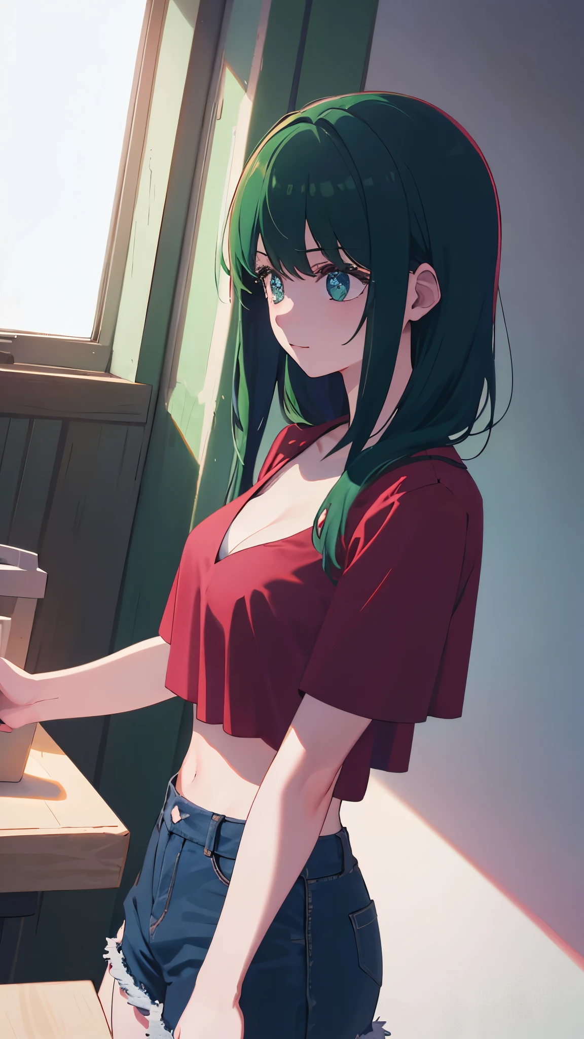 (masterpiece:1.2, Top quality),, Nice illustration, (Natural side light, light), 
Looking at the audience, 1 girl, Green Hair，Cleavage，Low-cut，Red Shirt，Denim shorts