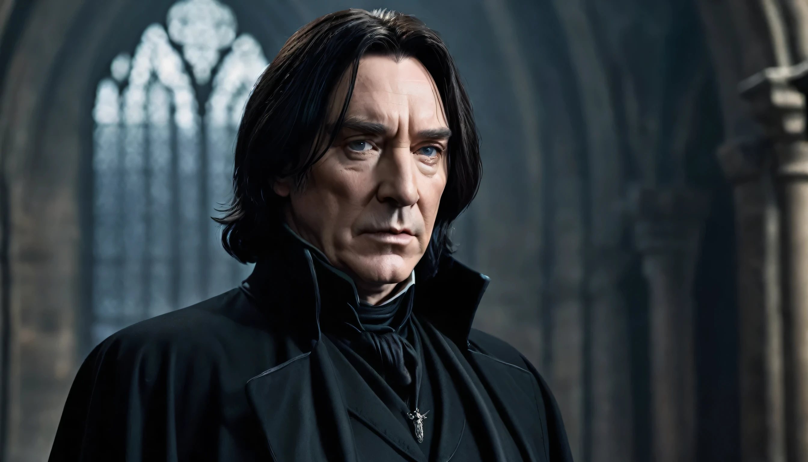Very Handsome Professor Severus Snape with a really big chiseled jawline, slim nose, hunter eyes, is looking straight with a angry look inside his magic academy, Ultra realistic, He is wearing a very fashionable Dark clothes, he is posing for a photoshoot