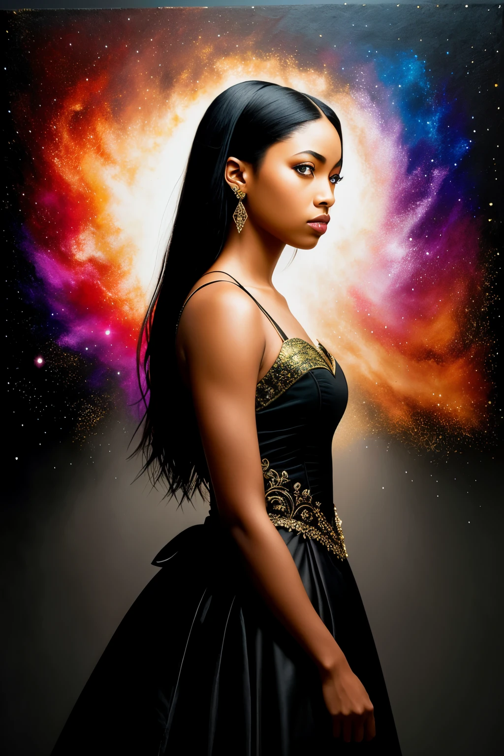 Bold and captivating 4D portrait of a powerful Black woman, her gaze locked with the viewer as she confidently wields a gun. In a dramatic scene reminiscent of an explosive nebula, each bullet shell spirals off the weapon in a burst of high-resolution detail. The artwork is skillfully crafted in the style of an oil painting, with a 3/4 profile view that accentuates her regal presence.
Moody chiaroscuro lighting envelops the scene, emphasizing delicate embroidery on her clothing and adding a layer of mystery to the artwork. With intricate detail and hyper-realistic visuals, this oil painting is