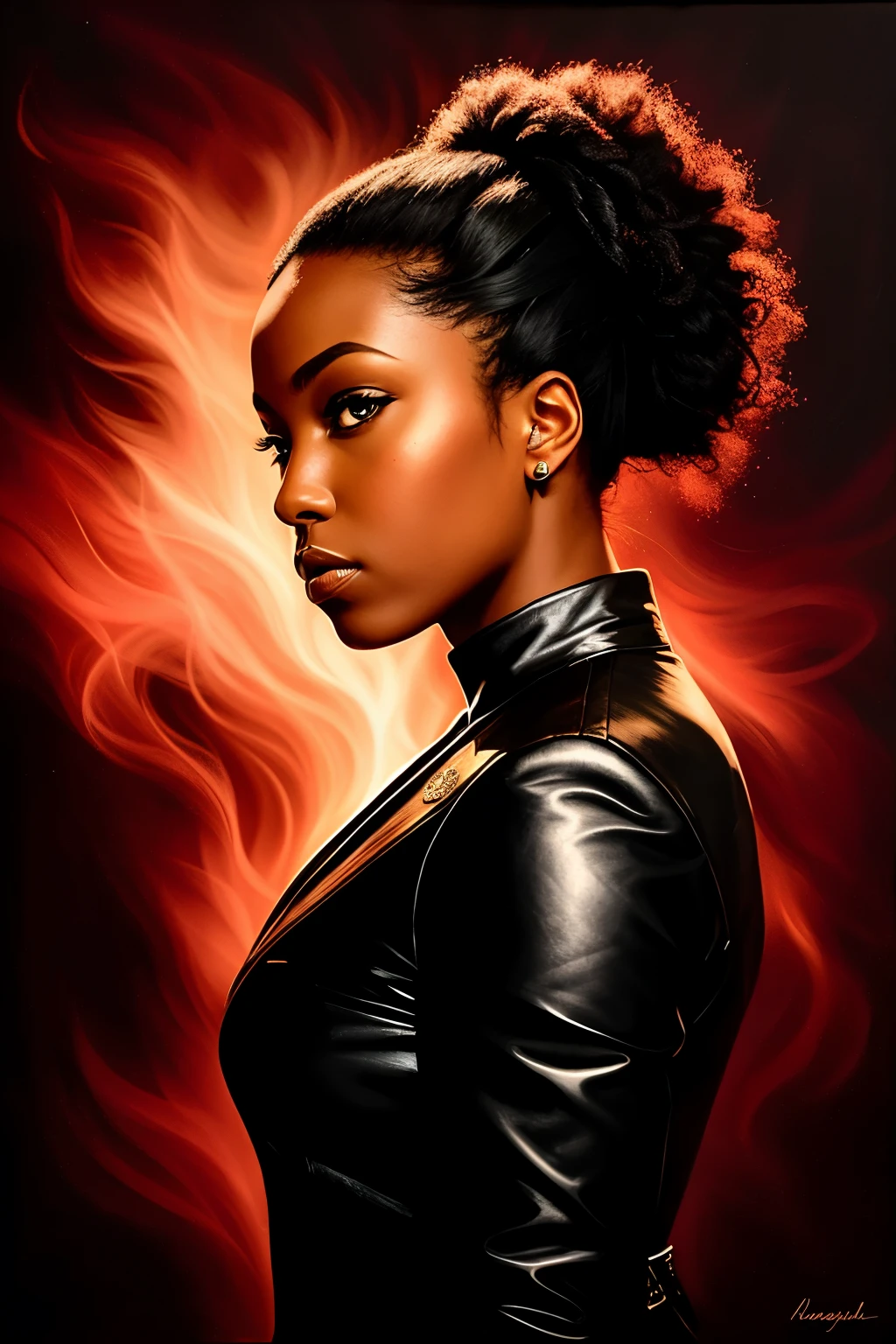 Bold and captivating 4D portrait of a powerful Black woman, her gaze locked with the viewer as she confidently wields a gun. In a dramatic scene reminiscent of an explosive nebula, each bullet shell spirals off the weapon in a burst of high-resolution detail. The artwork is skillfully crafted in the style of an oil painting, with a 3/4 profile view that accentuates her regal presence.

Moody chiaroscuro lighting envelops the scene, emphasizing delicate embroidery on her clothing and adding a layer of mystery to the artwork. With intricate detail and hyper-realistic visuals, this oil painting is