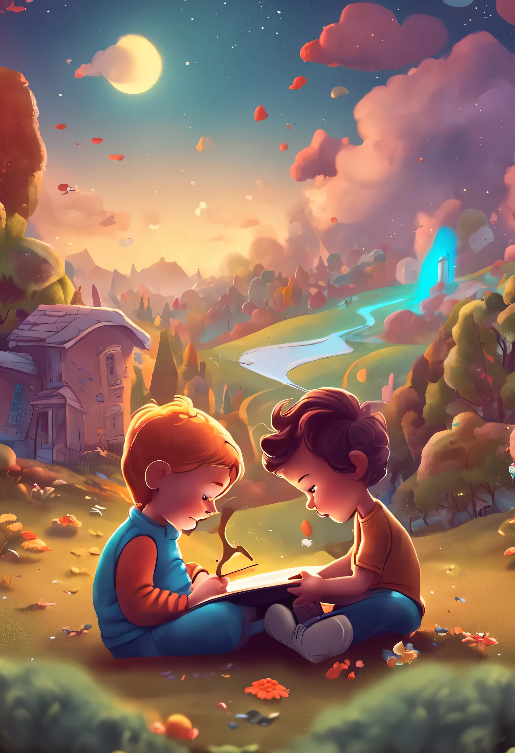 There ребенок читает книгу, Thought balloon, in which the story of friendship takes place, this is history, which the child is reading, A book about emotions. There, where is the , teddy bears and toys lie.. Illuminated and cheerful sky.
