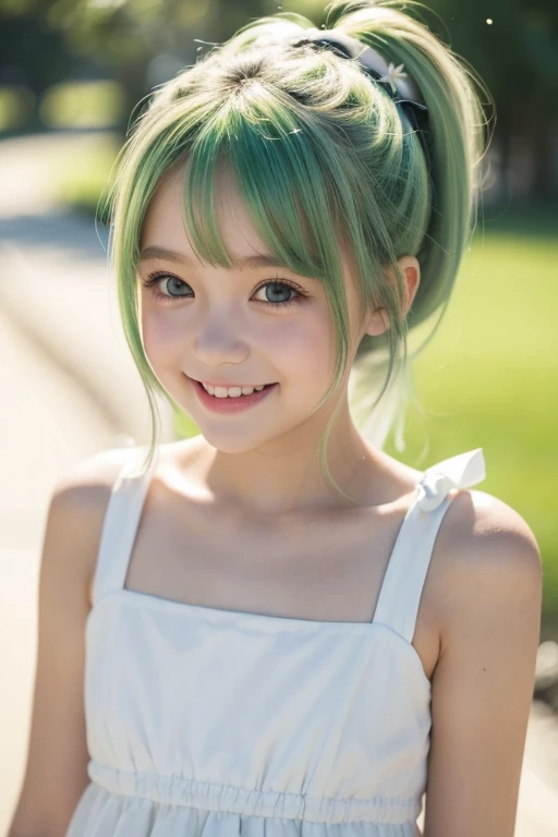 a .white dress.green hair with two ponytails.smiling.