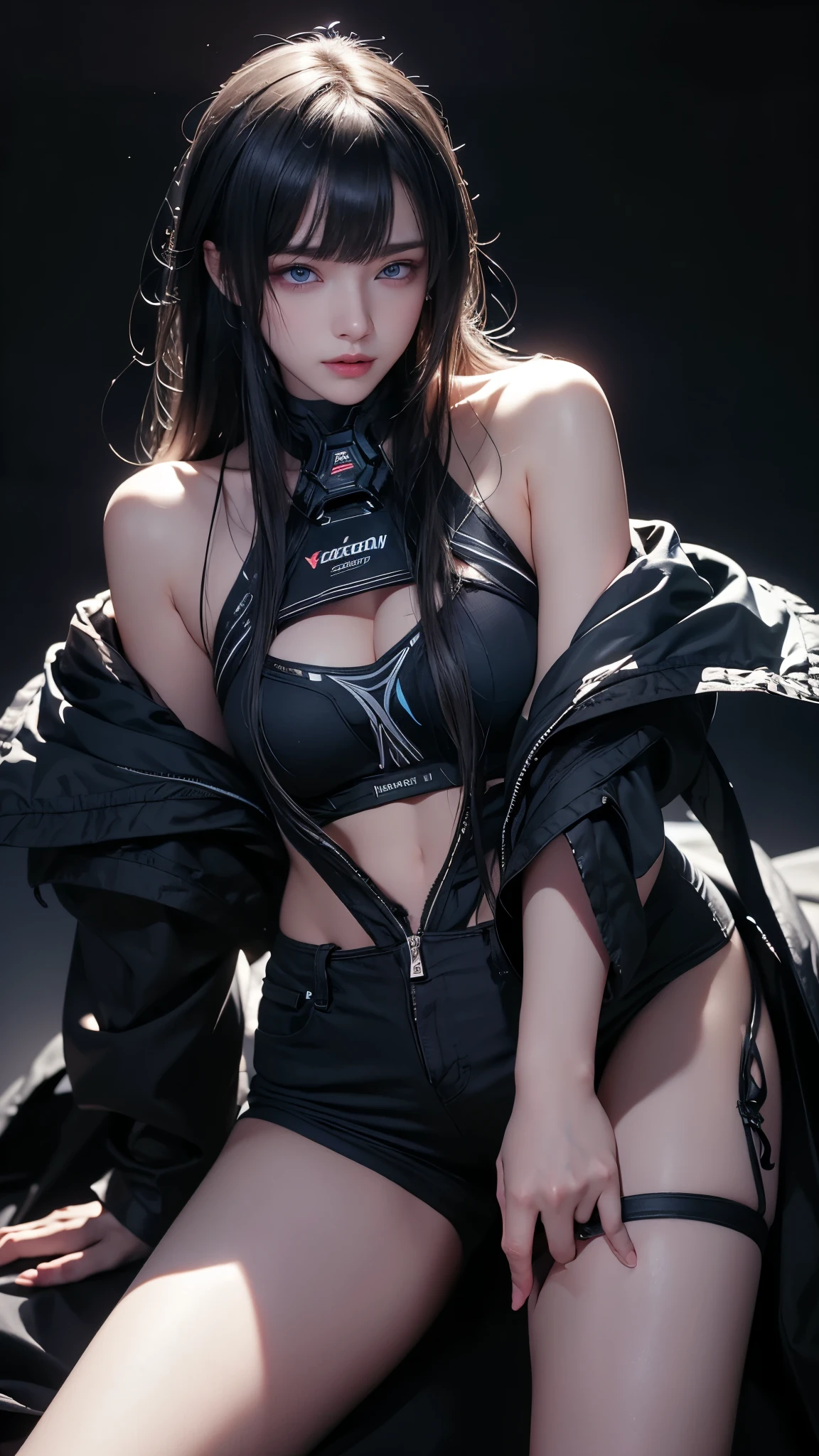 masterpiece, highest quality, Super detailed, Facing the camera, 複雑に詳細なSuper detailed, Realistic, Sharp features, Very detailed, Sharp focus, Perfect Face, Perfect Face, Perfect symmetrical perfect eyes, Perfect Plump Lips, Flexible female form, Cinematic, Film Light, Super detailed, hyper Realistic, masterpiece, Atmospheric, High resolution, Vibrant, Dynamic Studio Lighting, ((Dark Background)), The expression when enduring pleasure, Straight bangs, blue eyes,Sexually aroused expression、Her black thong shorts are visible through the fabric、(((Lean forward with your legs apart))),((Buckshot))
