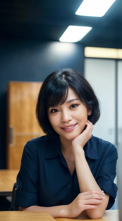 Top quality,8K picture quality,masterpiece:1.3),(Ultra-high resolution,Realism:1.4,original photography),(Ultra Detailed,Caustic lines,Detailed background),(Ultra-realistic capture,Beautifully detailed skin,perfect anatomy),Sitting,Desk,Hands on the table,bright warm light,35 year old mature Taiwanese woman,Single eyelid,Black short bob,dark blue shirt,Looking at the camera,a smile,Natural soft lighting