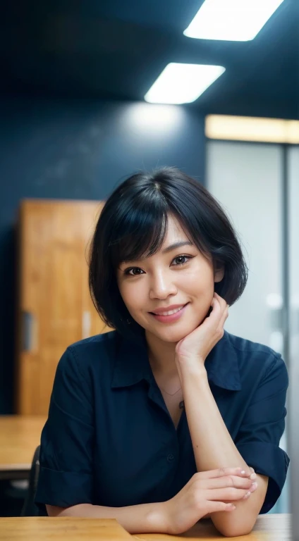 Top quality,8K picture quality,masterpiece:1.3),(Ultra-high resolution,Realism:1.4,original photography),(Ultra Detailed,Caustic lines,Detailed background),(Ultra-realistic capture,Beautifully detailed skin,perfect anatomy),Sitting,Desk,Hands on the table,bright warm light,35 year old mature Taiwanese woman,Single eyelid,Black short bob,dark blue shirt,Looking at the camera,a smile,Natural soft lighting