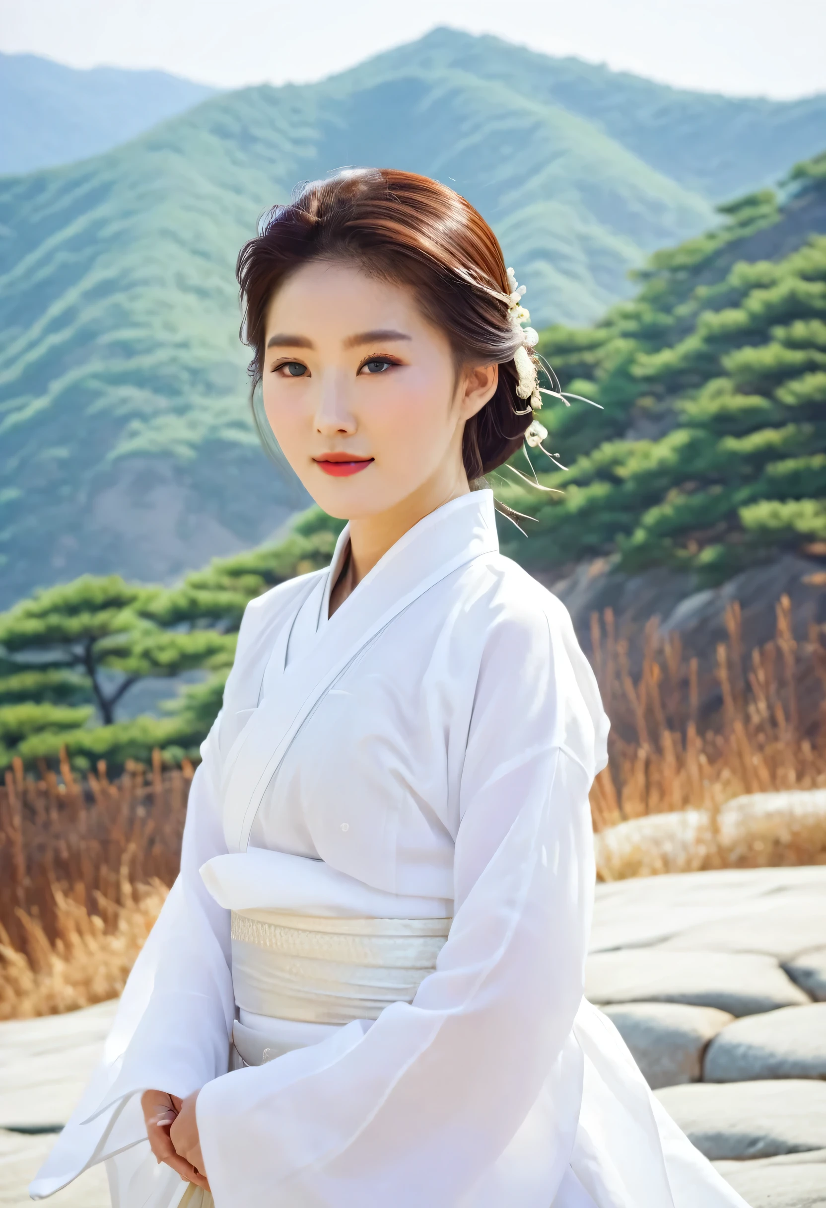 Elegant women with hair swept by the wind, look beautiful, wearing white traditional Korean clothes, background behind the mountains
