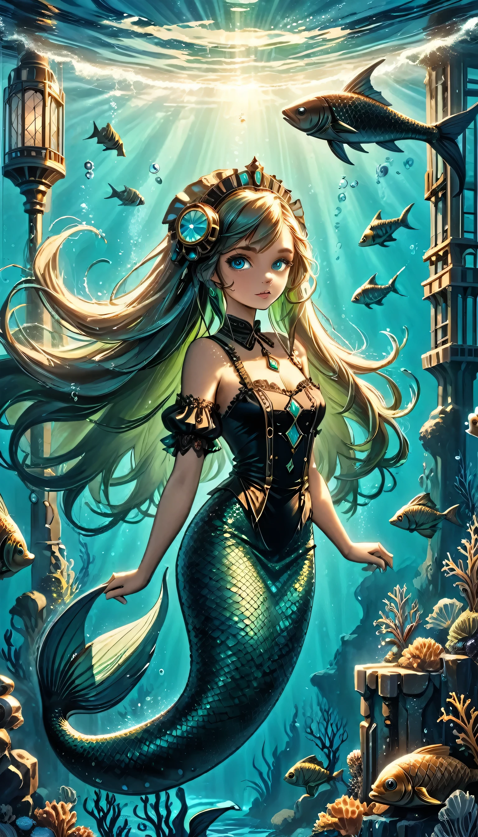 high details, best quality, 16k, ultra detailed, masterpiece, best quality, ((art deco style: 1.5)), full body, ultra wide shot, RAW, photorealistic, fantasy art, dnd art, rpg art, realistic art, an ultra wide picture of a mermaid  in steampunk times, under the sea (intricate details, Masterpiece, best quality: 1.4) , female mermaid, (blue: 1.3) skin, (green: 1,3) hair, long hair, swirling hair, intense eyes, small pointed ears, ((blue eyes)), ((glowing eyes)), wearing (black:1.3) ((maid outfit)) flowing maid outfit, beautiful mermaid, you can see rich underwater life, fish, riff, dynamic fantasy blue beach background ((magical atmosphere)), high details, best quality, highres, ultra wide angle, ggmine, Dark Novel