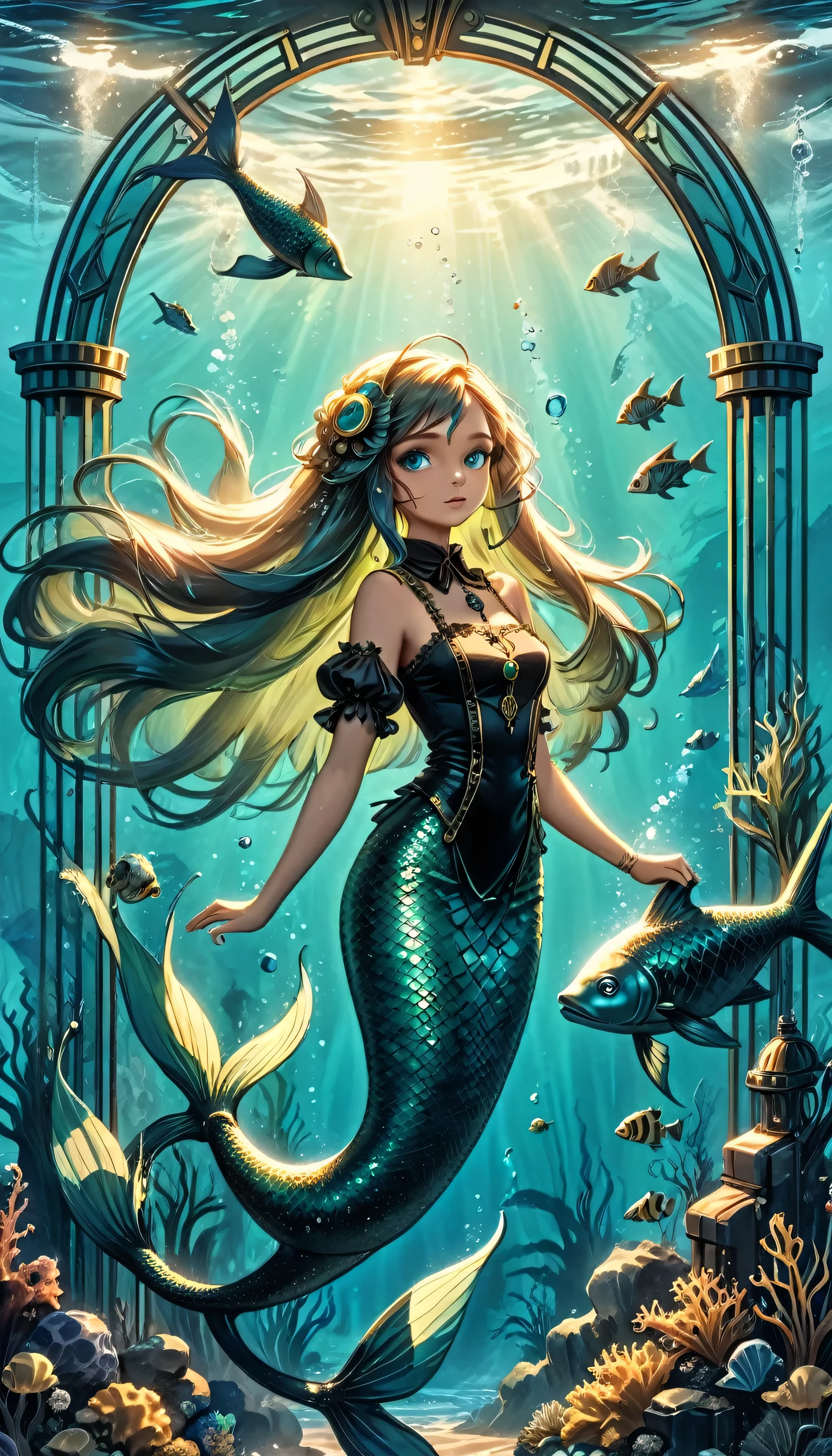 high details, best quality, 16k, ultra detailed, masterpiece, best quality, ((art deco style: 1.5)), full body, ultra wide shot, RAW, photorealistic, fantasy art, dnd art, rpg art, realistic art, an ultra wide picture of a mermaid  in steampunk times, under the sea (intricate details, Masterpiece, best quality: 1.4) , female mermaid, (blue: 1.3) skin, (green: 1,3) hair, long hair, swirling hair, intense eyes, small pointed ears, ((blue eyes)), ((glowing eyes)), wearing (black:1.3) ((maid outfit)) flowing maid outfit, beautiful mermaid, you can see rich underwater life, fish, riff, dynamic fantasy blue beach background ((magical atmosphere)), high details, best quality, highres, ultra wide angle, ggmine, Dark Novel