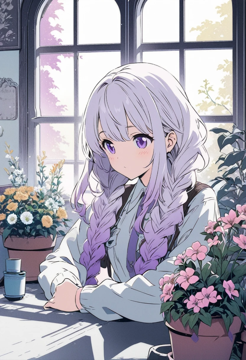 Best Quality,Official art,the Extremely Detailed CG Unity 8K Wallpapers,Slight retro color,riso print style,Illustration,Cute,1 girl,yinji, purple hair, purple eyes, long hair, white hair, double braids, gradient hair, Flowers,Window,flower pots,