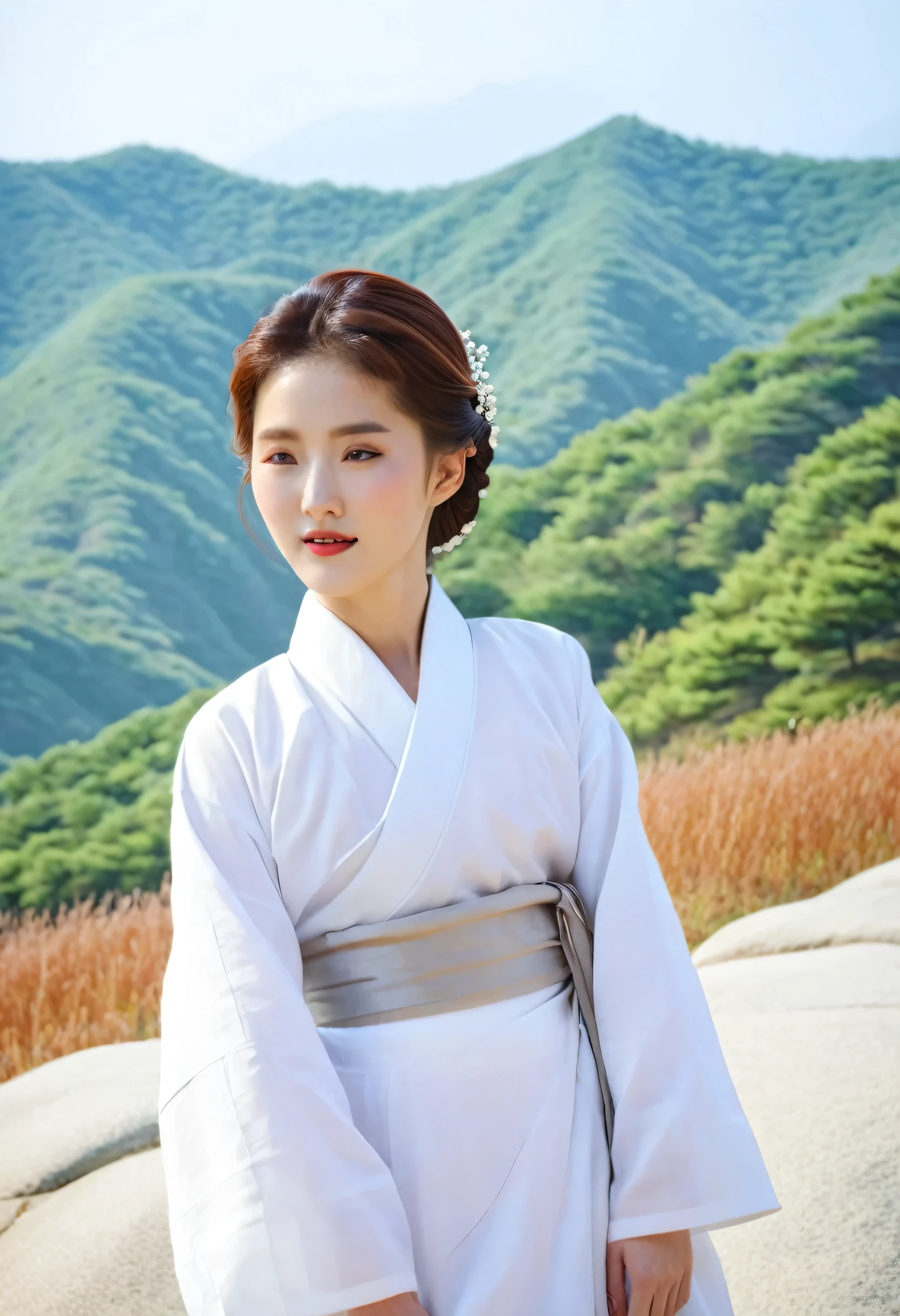 Elegant women with hair swept by the wind, look beautiful, wearing white traditional Korean clothes, background behind the mountains