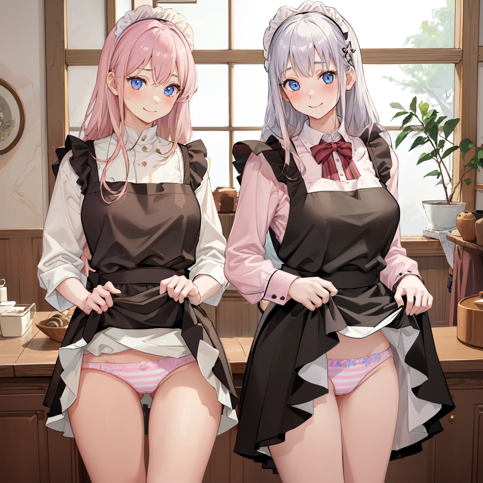 highest quality、masterpiece、((2 girls:1.5))、((smile:1.3))、(blush:1.3)、Black Shirt、blouse、((fun!!))、(Small breasts)、()、Blonde、(Long sleeve)、((White apron:1.5))、((Maid))、((hair ornaments)),、Kamimei、look at me、 ((in house:1.5))、 Taking a break from watching the audience、Cowboy Shot、(Skirt lift:1.3),(Highly detailed pink striped panties:1.3)、(Highly detailed panties:1.3)、、(スカート that rolls up:1.3)、(Panties fully exposed:1.5)、Light blue eyes、long hair、Glowing Eyes
