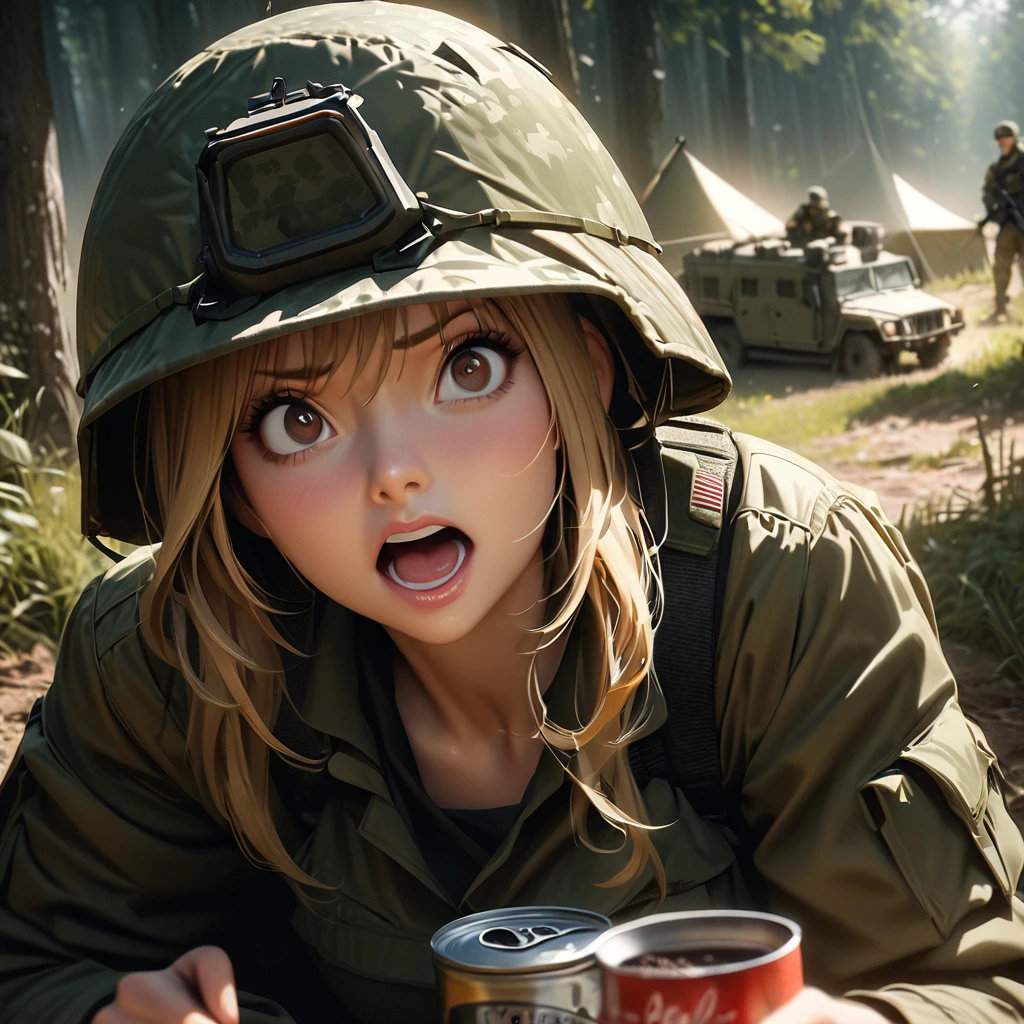 detailed portrait of a woman, blonde hair, sitting in a forest field, wearing a camouflage helmet, 1 girl, modern soldier, olive drab military tent, canned food, cup of coffee, military trucks in the background, rabbit about to pounce, surprised expression, best quality, 8k, hyperdetailed, photorealistic, masterpiece, dramatic lighting, cinematic, military aesthetic