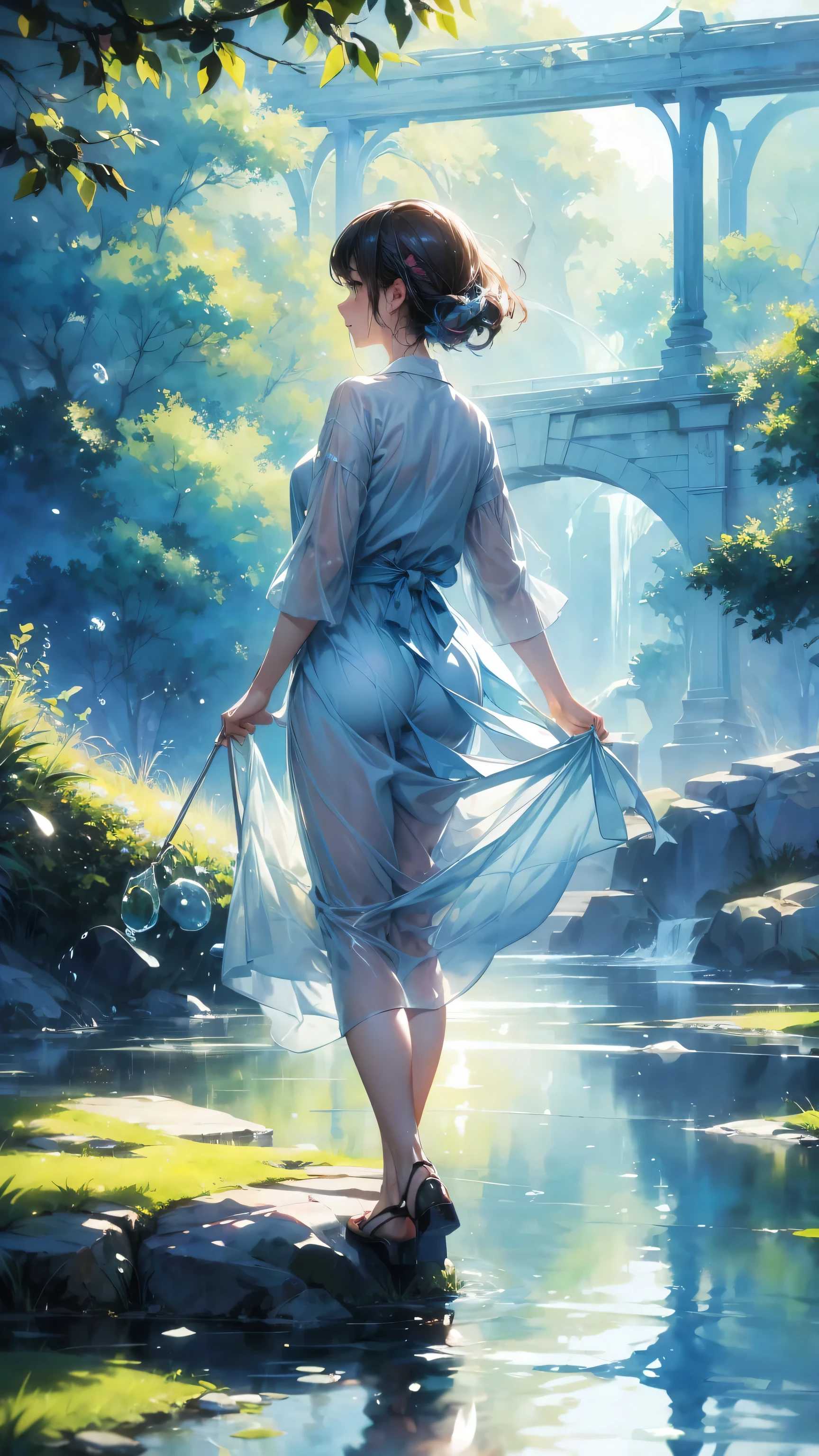 (Watercolor style, The art of spectroscopy) + Enjoy a panoramic view of the majestic river + Back of clothing (Vista) + (flowing + Subtle reflection) + (mix + splash) + (The light and shadow are clear + Swing Dynamics)