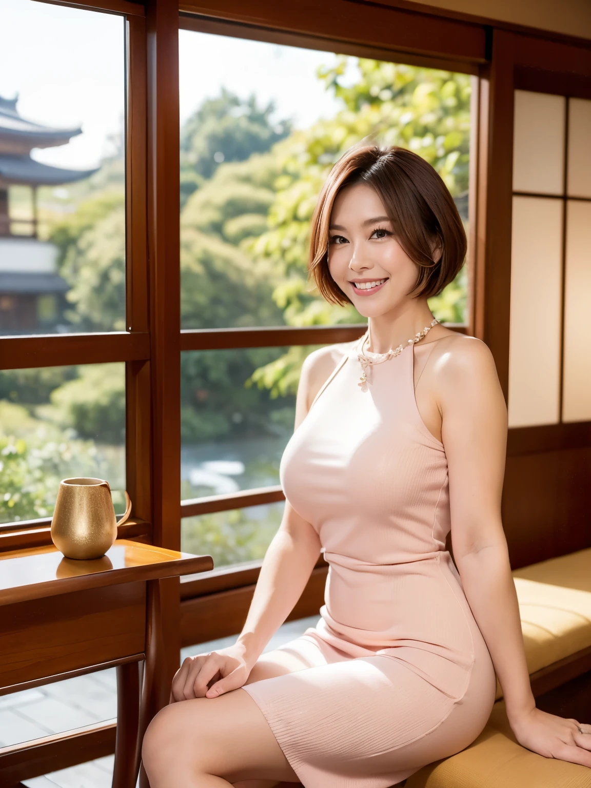 Tabletop, Beautiful woman, (30 years old、Japanese), (Library Background、mechanical、Bookshelf), ,(((Pink beige tight dress))), (((Beautiful Hair、Bob Hair, Brown Hair))), feet, (Skin Texture:1.1), highest quality, 超A high resolution, (Realistic: 1.4), RAW Photos, , Nikon D850 film stock photo, f1.6 Lenses, Rich colors, Realistic, (A kind smile:1.6)、(A large hall with bright sunlight:1.5)、Lobby of a top-end hotel in Tokyo, marble floors, high ceilings, bright lighting, large wall of windows, man-made waterfall outside the window, Japanese garden, she is sitting at a table by the window, table for four, upscale chairs, coffee cups on the table,Lobby of a top-end hotel in Tokyo, marble floor, high ceiling, bright lighting, large wall of windows, man-made waterfall outside window, Japanese garden, she is sitting at a table by the window, table for four, fancy chairs, coffee cups on the table, woman in gray knit dress, 34 years old Japanese, smiling, short black hair, bobbed hair, standard build, D-cup breasts, white teeth, knee-length skirt, black pumps, well-fleshed legs, pearl necklace,