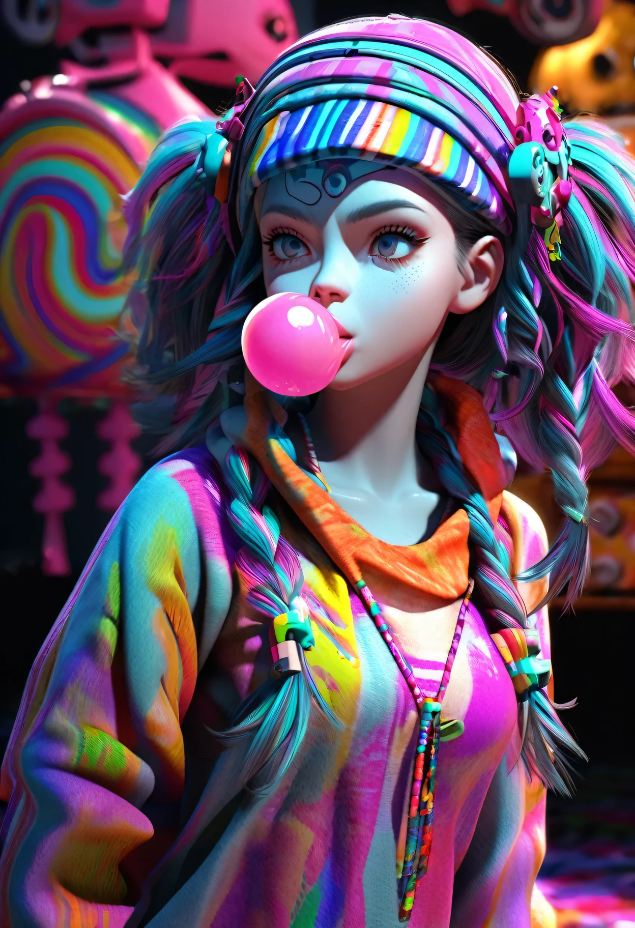 Woman with braids blowing bubbles in dark room, teen biopunk robot, trippy colors, smoking container, 3d rendering of shaman, Blowing bubble gum, hippie fashion