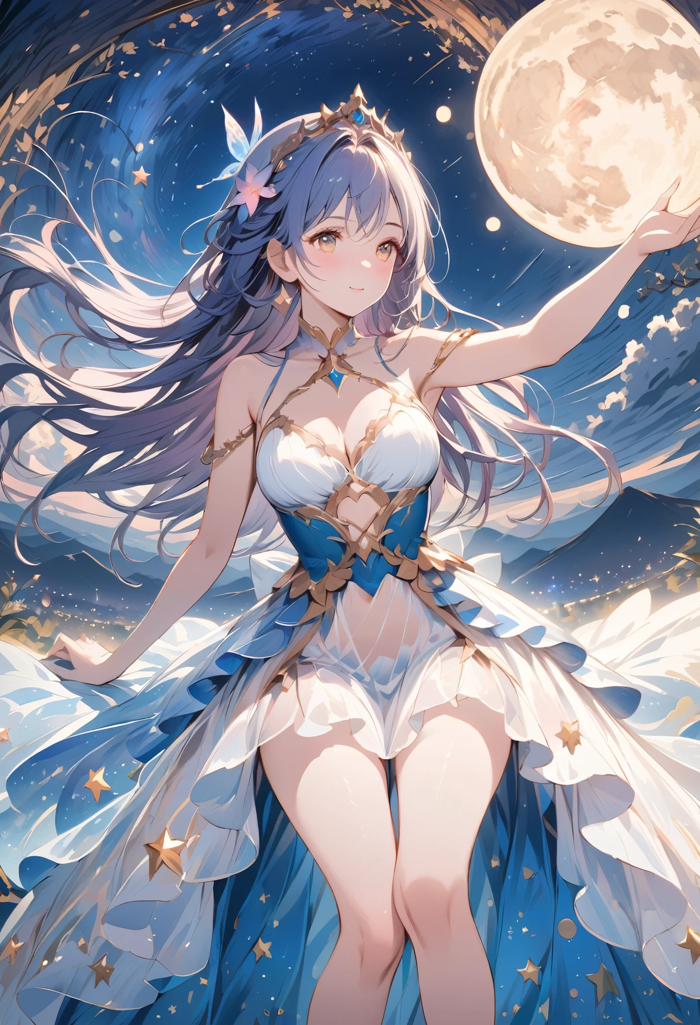 masterpiece, wishing stars, girl wearing an ethereal translucent dress made of stars, magical, fantasy, whimsical, complex drawing, highly detailed, ethereal, starry night, midjourney style