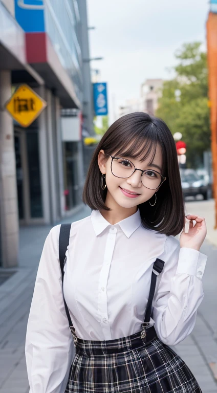 ***********.................,, in front of a  school、Attach skirt with suspenders、Long-sleeved white shirt、Plaid skirt、,Black-framed glasses , Sakimichan,, Pretty and cute, Innocent smile,  , Lovely smile, Sakimichan HDRI、 Large target 、,(巨Large target乳房:1.20),(beautiful big 1:1)、A black-haired one、beautiful eyes、 Short Bob、Strike a cute pose