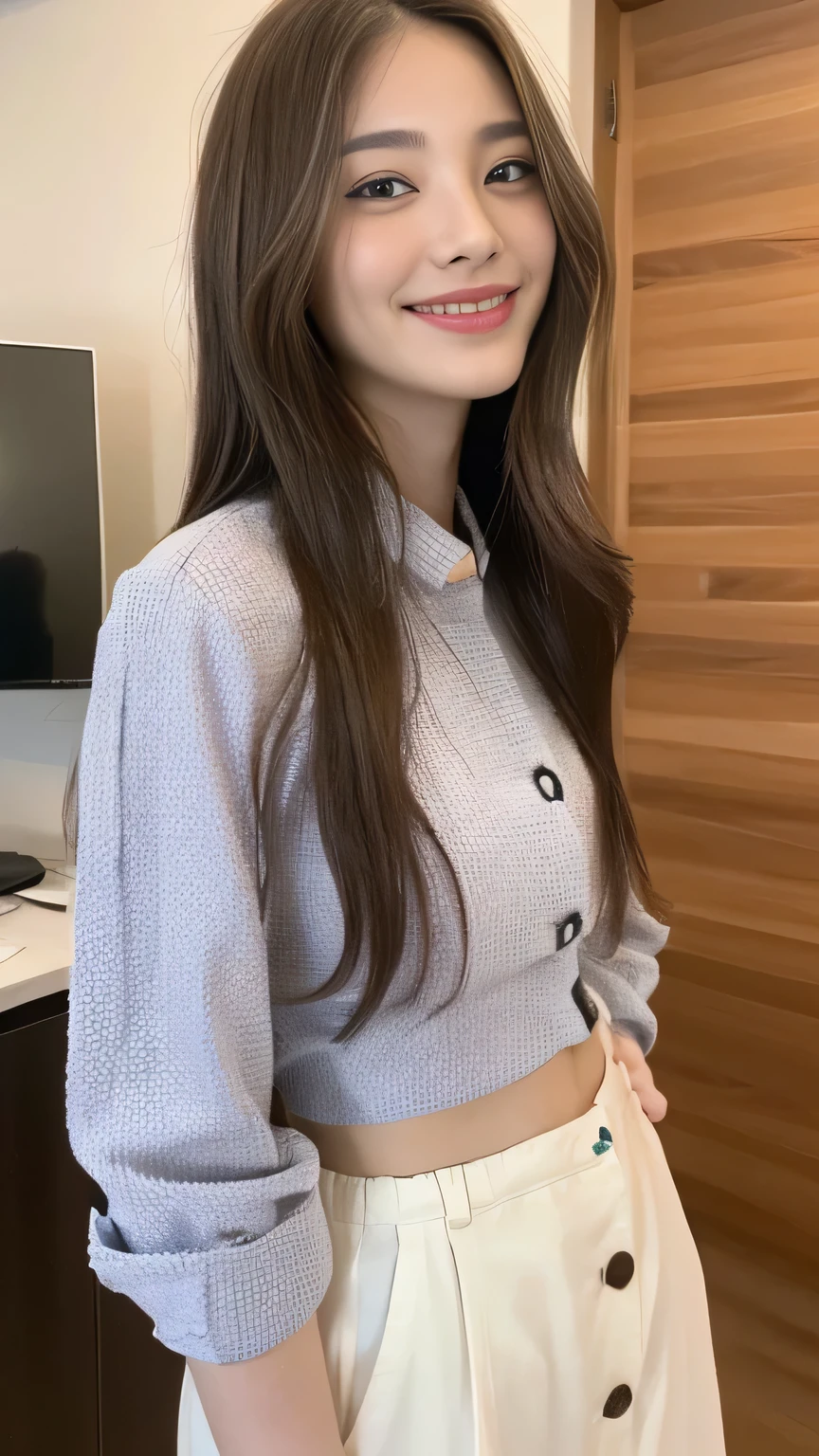 seed:2020674263.((Full body angle:1.1)).((highest quality, 8K, masterpiece:1.3)), ((from below:1.1)).concentrated:1.2, Perfect body beauty:1.4, Hips:1.2, ((Delicate Hair)), (Colorful button-through crop shirt :1.1) , ((highest quality、8K、masterpiece:1.3))、1 Girl、A sloppy smile、Esbian all over、Slim face、Big 、Beautiful woman、(Dark Brown Hair)、Long Hair、1.1、Flickering Valley、Detailed eyes、double eyelid、Blurred Background、超Slim face、Smile、Looking down、stroll、