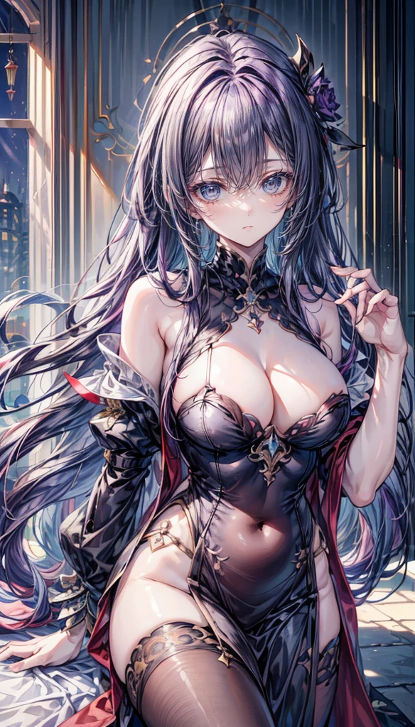 (masterpiece, top quality, best quality, official art, beautiful and aesthetic:1.2),(8k, best quality, masterpiece:1.2), (((masterpiece))),(((best quality))),(((extremely detailed))),illustration,who, (masterpiece, top quality, best quality, official art, beautiful and aesthetic:1.2),(8k, best quality, masterpiece:1.2), (Masterpiece, Best quality, best shadow), (detailed background), Honkai: star rail, Acheron, purple hair, long hair, one eye hidden behind hair, hair over one eye, purple eyes, very long hair, blunt bangs, straight hair