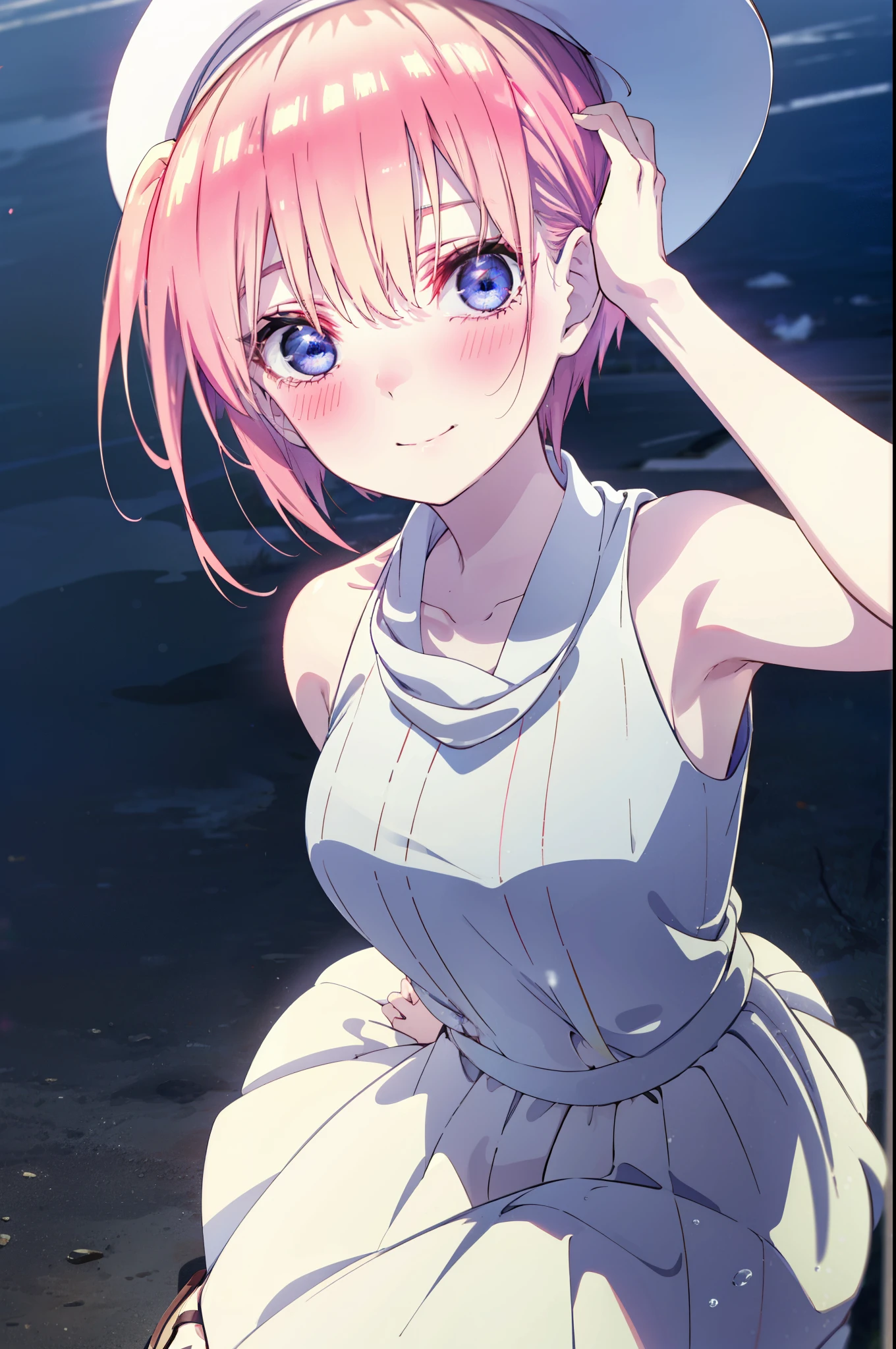 ichikanakano, ichika nakano, short hair, bangs, blue eyes, Hair between the eyes, Pink Hair, Large white straw hat,smile,Sleeveless white dress,Bare arms,White long skirt,Cute heeled sandals,whole bodyがイラストに入るように,Looking down from above,walk,moonlight,night,ロマンチックなnight景,
break outdoors, city,海岸通り
break looking at viewer, whole body,
break (masterpiece:1.2), highest quality, High resolution, unity 8k wallpaper, (shape:0.8), (Beautiful details:1.6), Highly detailed face, Perfect lighting, Highly detailed CG, (Perfect hands, Perfect Anatomy),