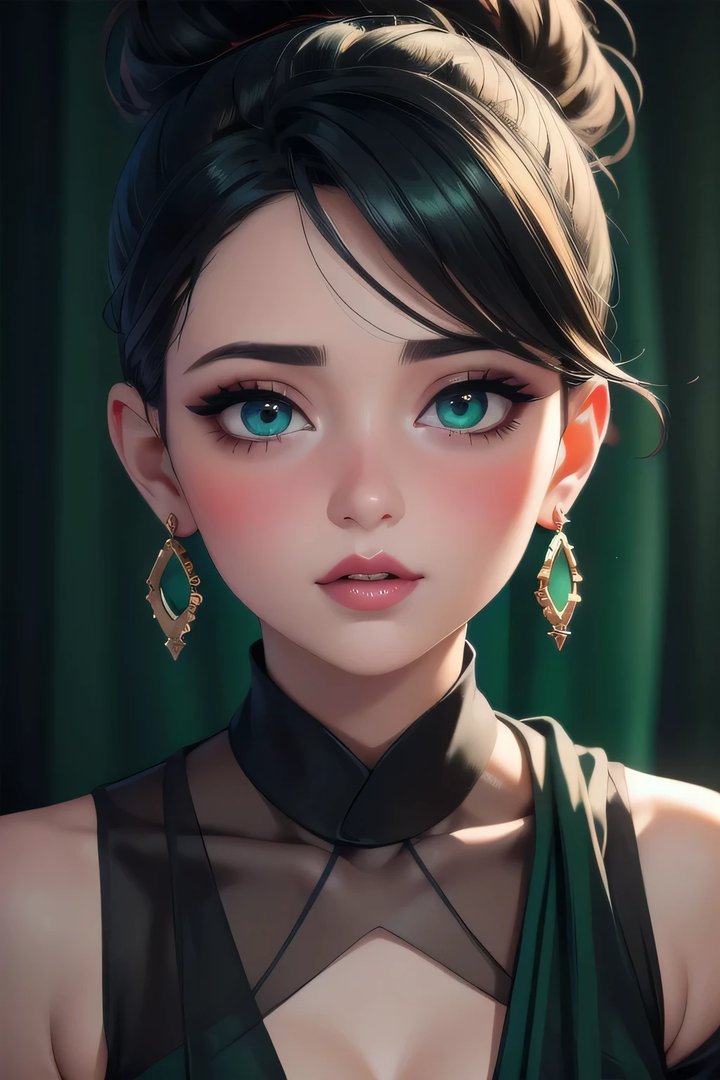 Amazing portrait of a sexy woman with a beautiful face emphasized by amazing makeup and beautifully detailed eyes with perfect lips wearing her black hair in a messy bun blushing intensely as she's flustered and lustful wearing some elegant earrings and a black blouse paired with a sheer dark green saree making her look hot with vibrant colors and soft lighting