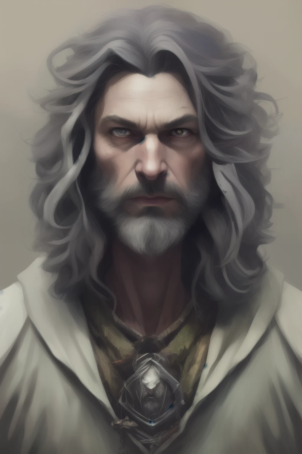 High Angle detailed ((dnd druid man portrait)), Continued , HD, (oil painting:1.1), (comic book art style:1.5),(inked outline:1.3), Stunning, Character, Portrait, (((Looking Sideways))), angular features, (dark grey Graduated Bob Hair), (muted natural colors:1.3) in painterly style by Jean Baptiste Monge