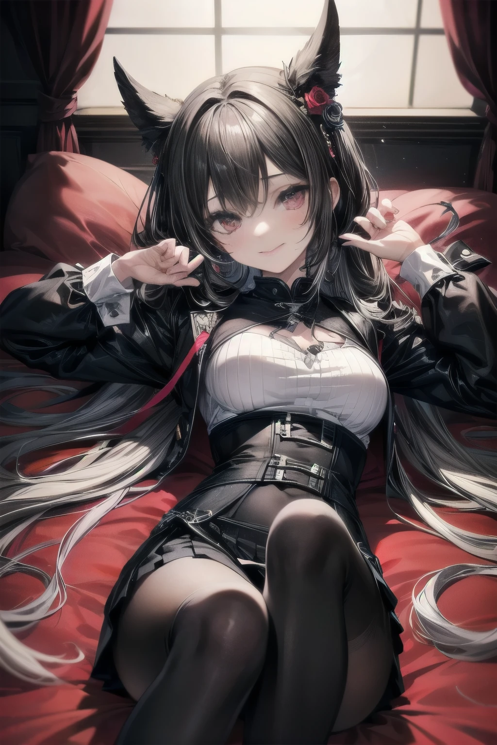 (()), (1girl), cute young girl, (naughty smile), white hair, pink eyes, (long hair), liner double, black outfit, black rose, black skirt, (lying), cute,❤️🖤💗💔, 8K, (jirai fashion), ((Masterpiece)), ((best quality)), (super detail:1.2), (High Definition:1.3), (Professional Photography:1.4), (sharp focus), perfect light, (shaggy hair), extensions, eyeliner, emo, abarastyle, jirai fashion,