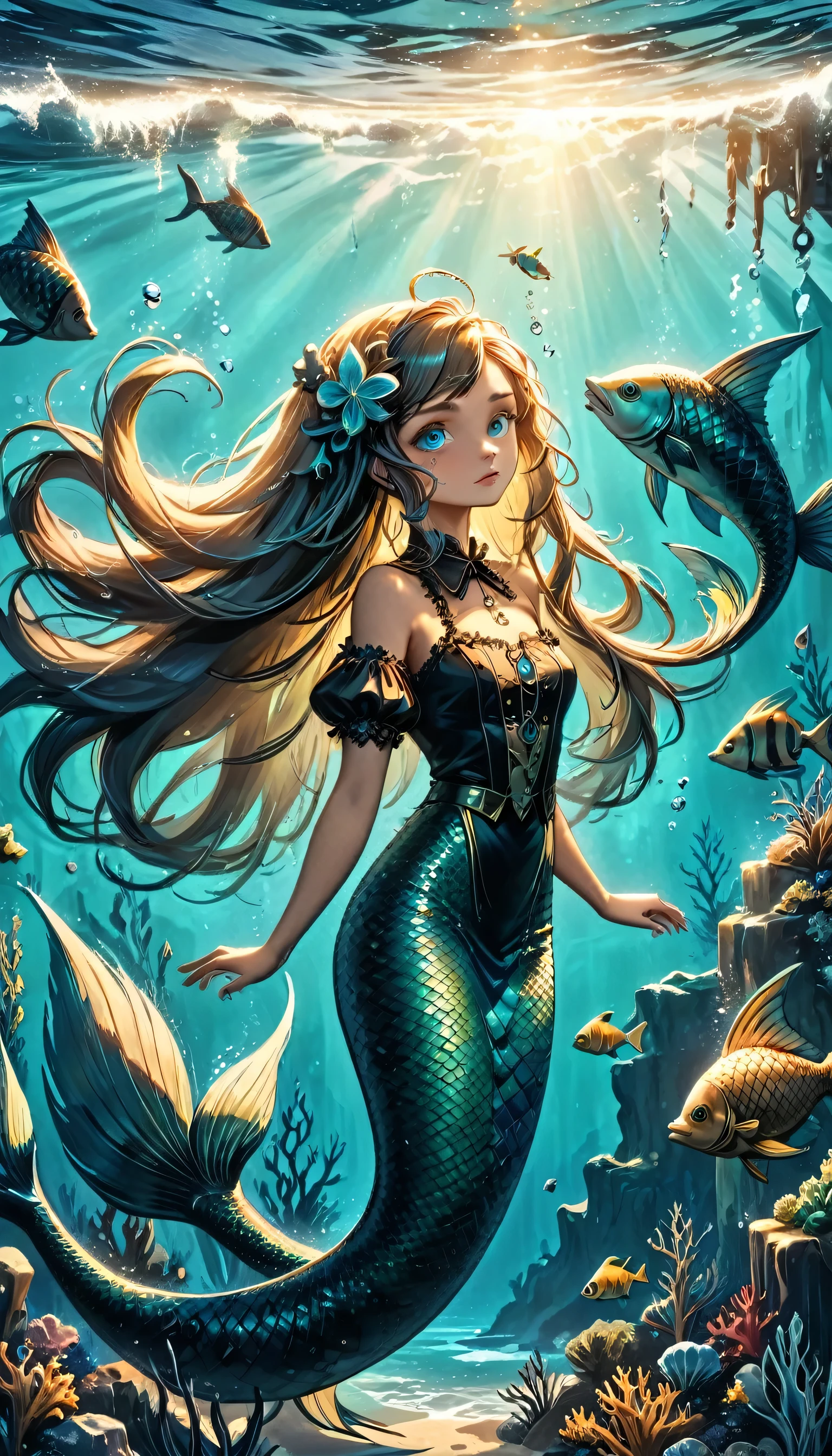 high details, best quality, 16k, ultra detailed, masterpiece, best quality, ((art deco style: 1.5)), full body, ultra wide shot, RAW, photorealistic, fantasy art, dnd art, rpg art, realistic art, an ultra wide picture of a mermaid  nder the sea (intricate details, Masterpiece, best quality: 1.4) , female mermaid, (blue: 1.3) skin, (green: 1,3) hair, long hair, swirling hair, intense eyes, small pointed ears, ((blue eyes)), ((glowing eyes)), wearing (black:1.3) ((maid outfit)) flowing maid outfit, beautiful mermaid, you can see rich underwater life, fish, riff, dynamic fantasy blue beach background ((magical atmosphere)), high details, best quality, highres, ultra wide angle, ggmine, Dark Novel