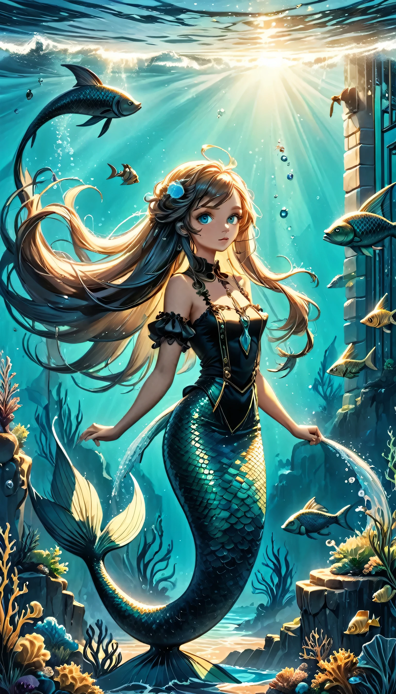 high details, best quality, 16k, ultra detailed, masterpiece, best quality, ((art deco style: 1.5)), full body, ultra wide shot, RAW, photorealistic, fantasy art, dnd art, rpg art, realistic art, an ultra wide picture of a mermaid  nder the sea (intricate details, Masterpiece, best quality: 1.4) , female mermaid, (blue: 1.3) skin, (green: 1,3) hair, long hair, swirling hair, intense eyes, small pointed ears, ((blue eyes)), ((glowing eyes)), wearing (black:1.3) ((maid outfit)) flowing maid outfit, beautiful mermaid, you can see rich underwater life, fish, riff, dynamic fantasy blue beach background ((magical atmosphere)), high details, best quality, highres, ultra wide angle, ggmine, Dark Novel