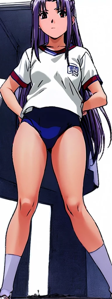Momoko Koigakubo, a tall girl with beautiful legs, is standing from behind with her legs spread wide apart in a white gym uniform and light navy blue bloomers that look like panties.。Angle from below。